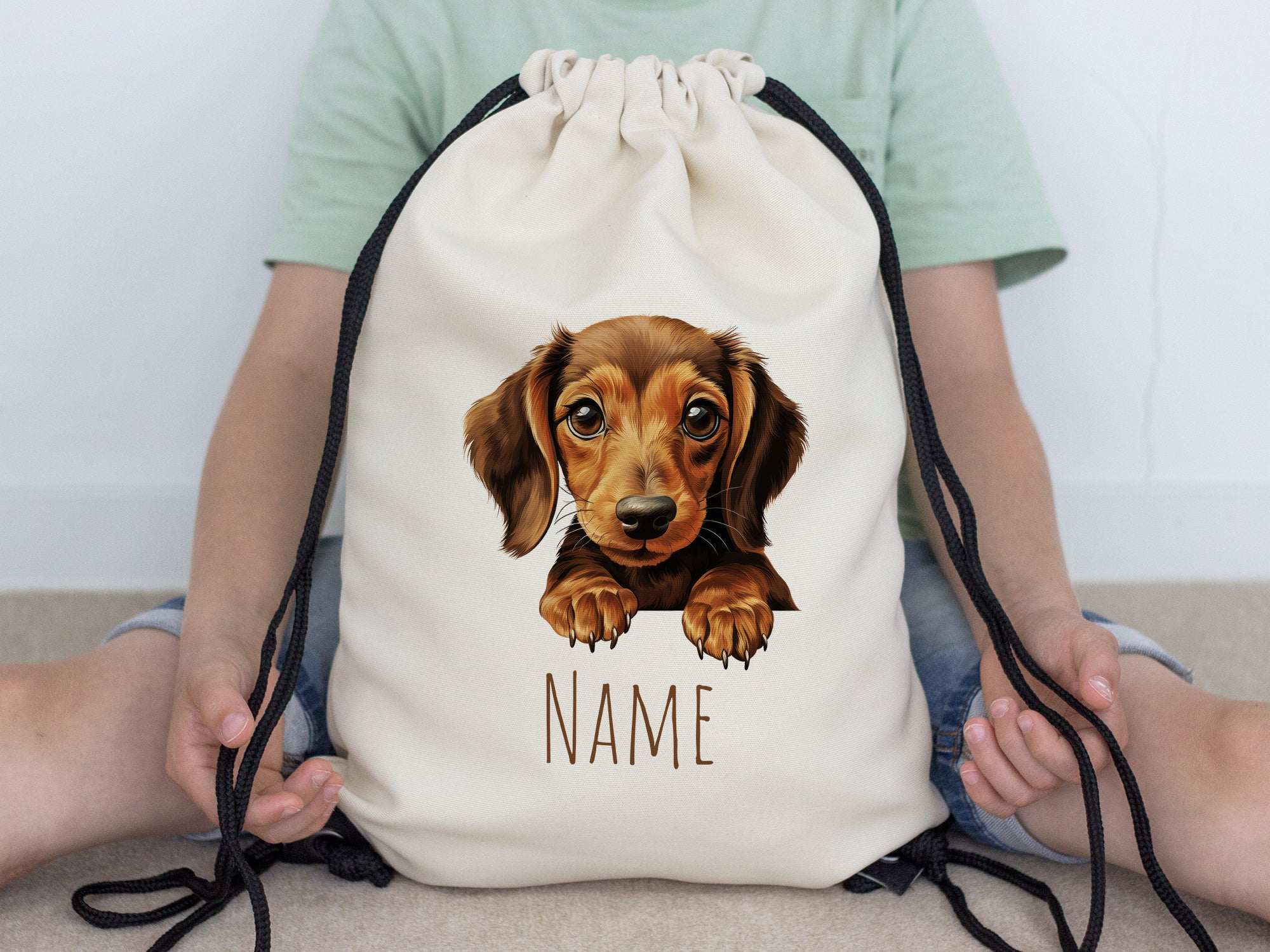 Beige Rucksack mit Hundemotiv und Platz für Namen
