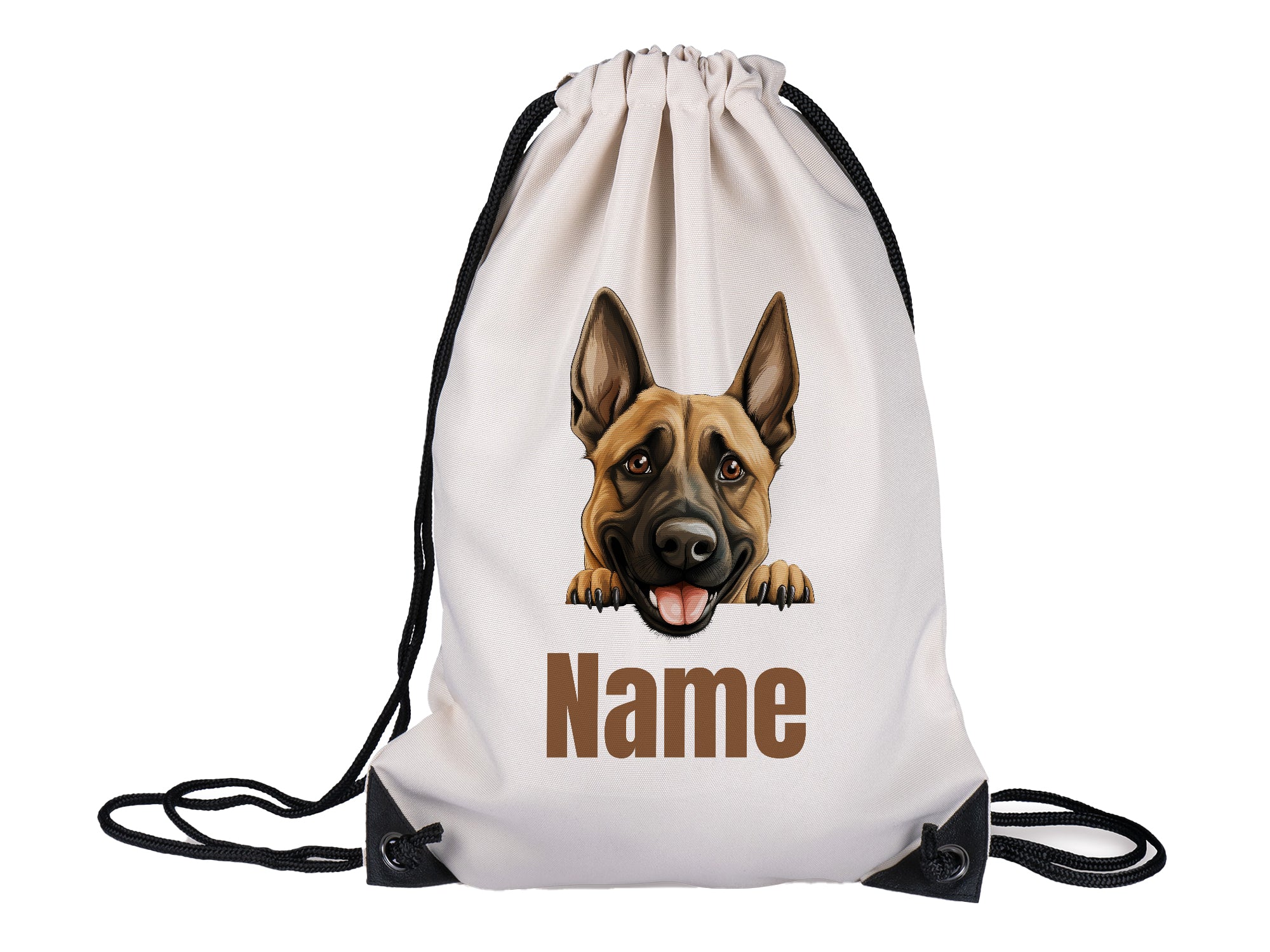 Beige Turnbeutel mit Hundemotiv und personalisierbarem Namen.