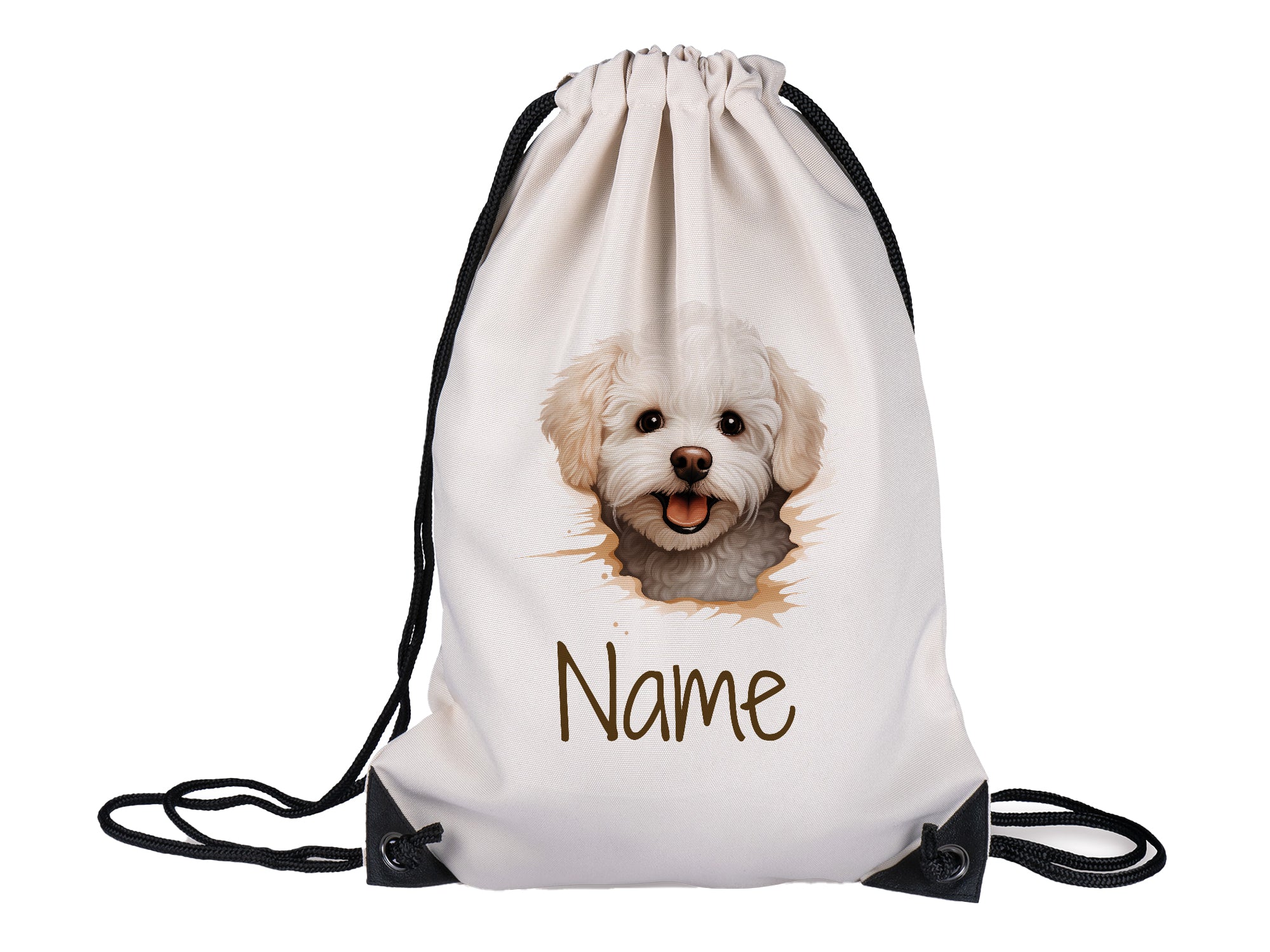 Heller Rucksack mit Hundemotiv und personalisierbarem Namen.