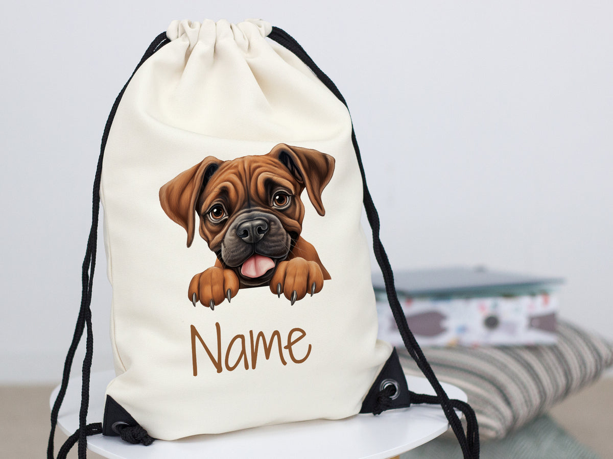 Beige Rucksack mit Hundemotiv und personalisierbarem Namen.