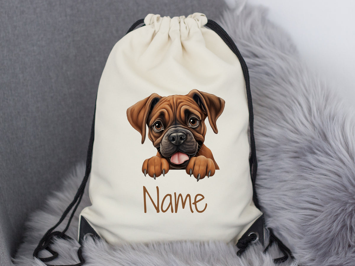 Beige Turnbeutel mit Boxer-Hund und personalisierbarem Namen.