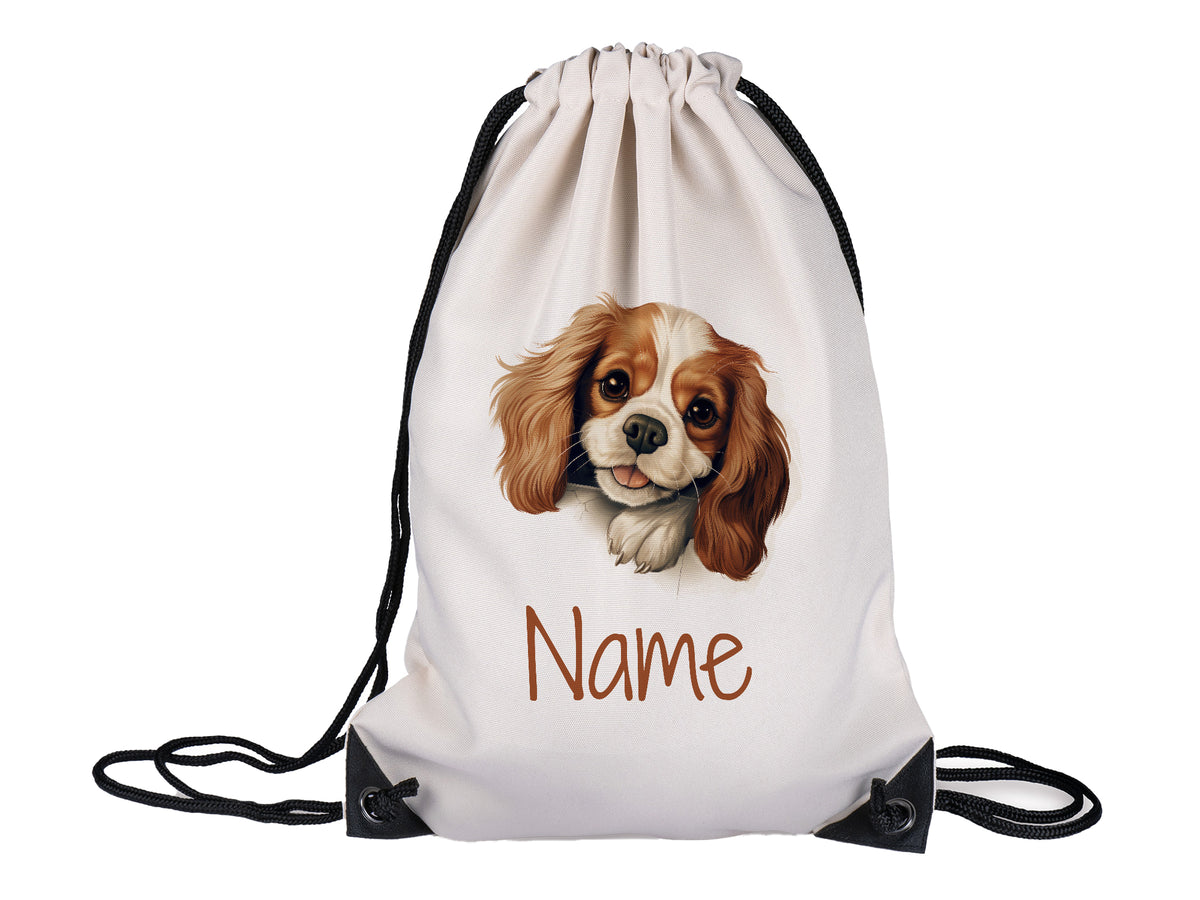 Beige Turnbeutel mit Hundemotiv und personalisiertem Namen.