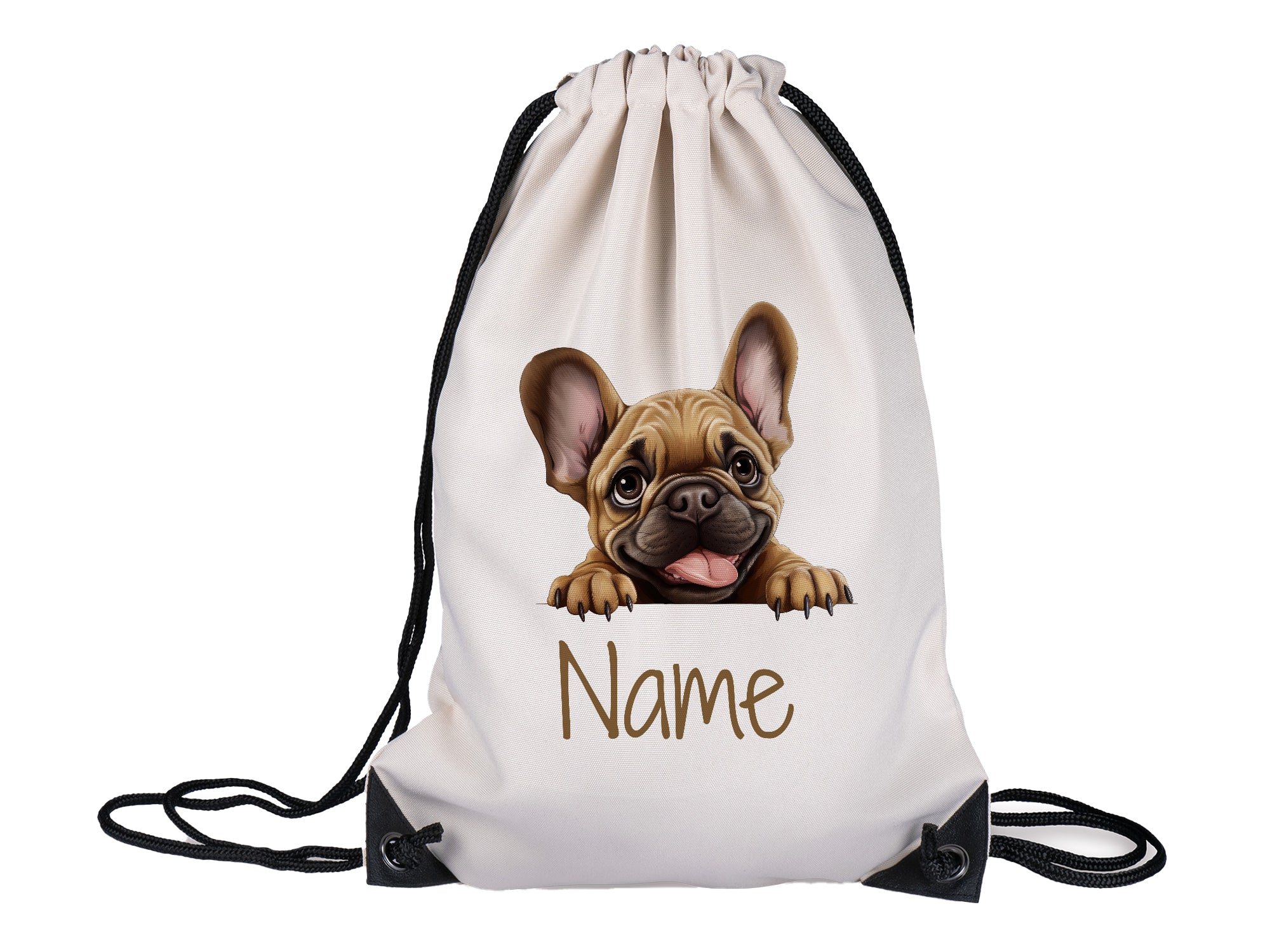 Beige Turnbeutel mit französischer Bulldogge und personalisierbarem Namen.