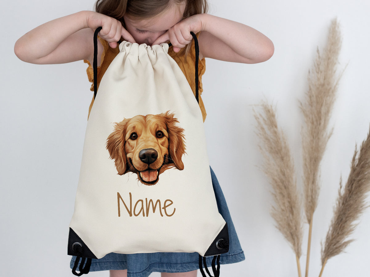 Beige Turnbeutel mit goldenem Retriever und personalisiertem Namen.
