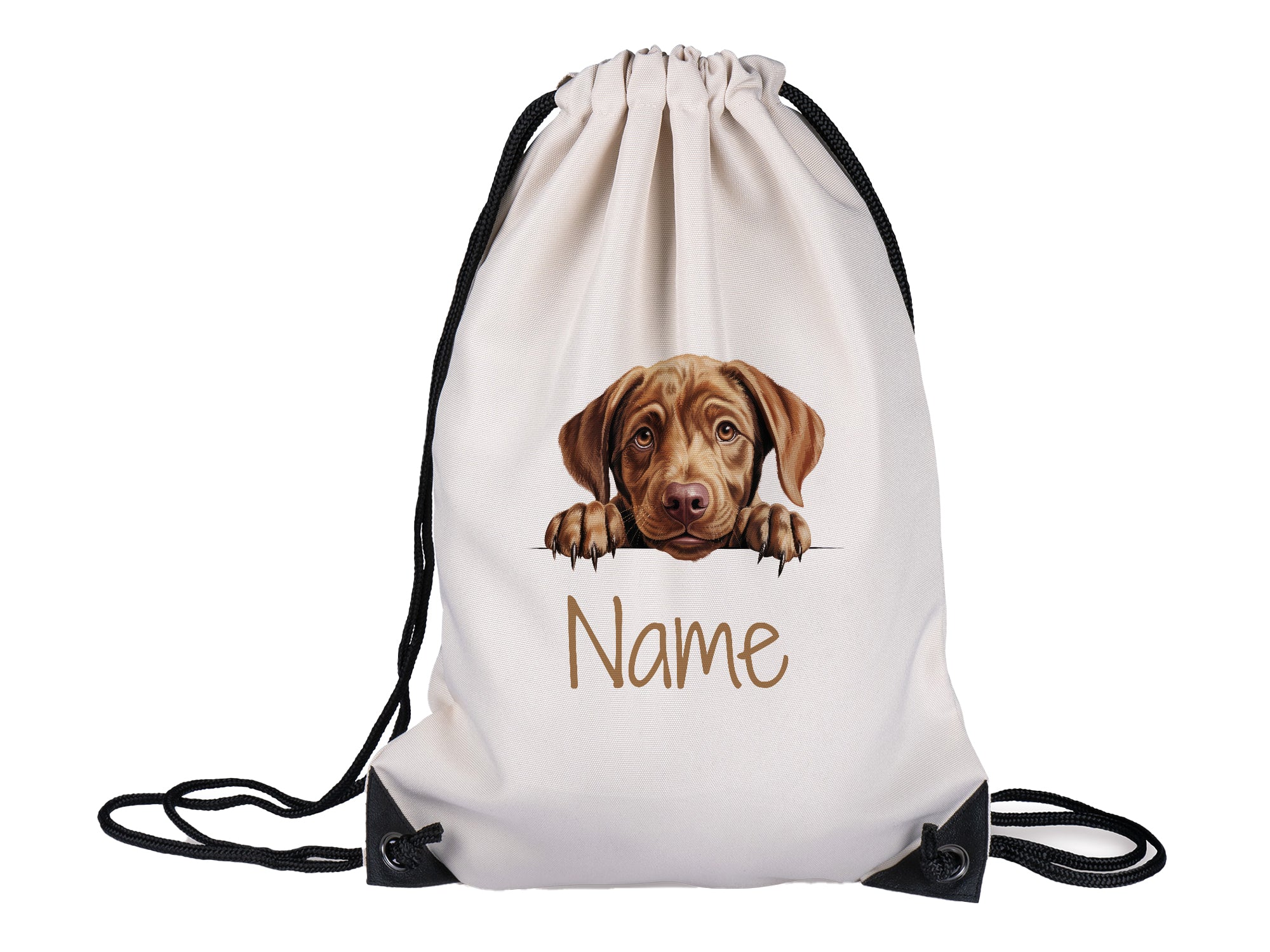 Beige Turnbeutel mit Hundemotiv und personalisierbarem Namen.