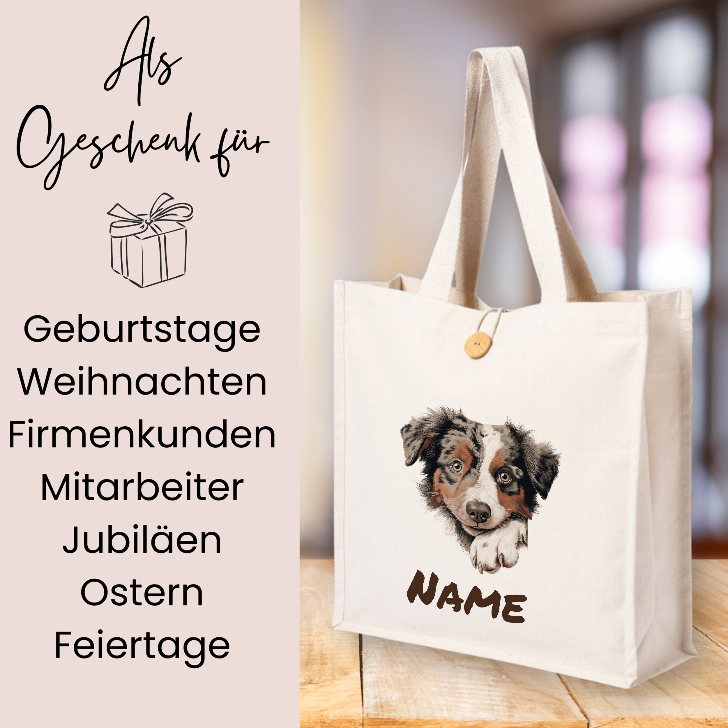 Beige Tragetasche mit Hundemotiv und personalisierbarem Namen.