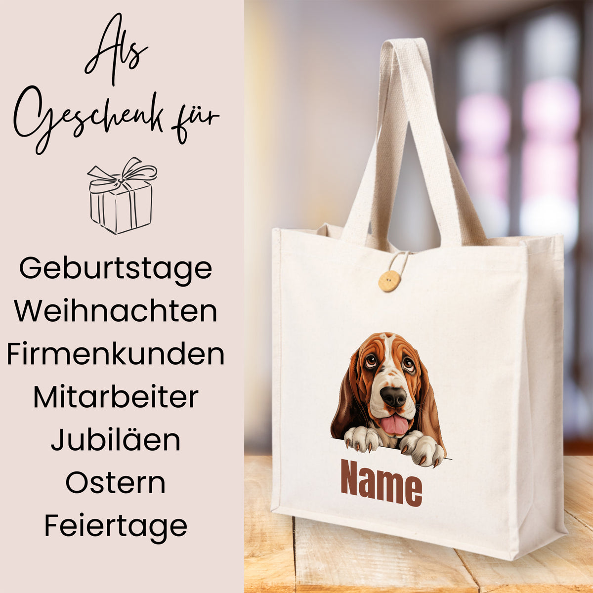 Beige Stofftasche mit Hundemotiv und personalisierbarem Namen.