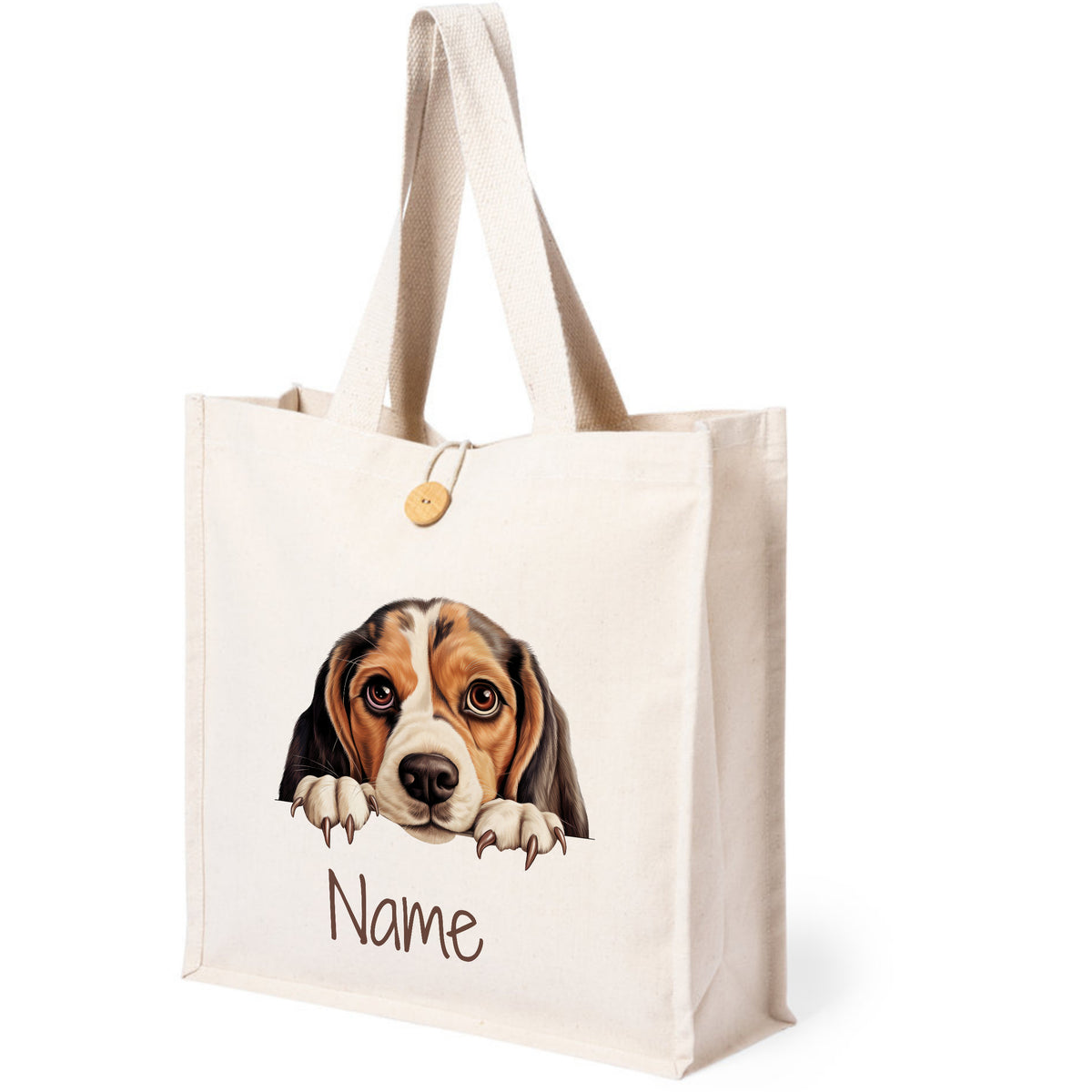 Beige Tasche mit Beagle-Motiv und personalisierbarem Namen.