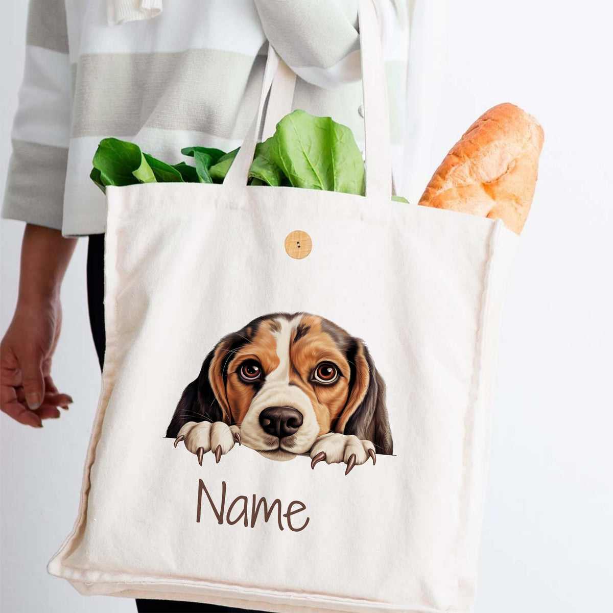 Beige Baumwolltasche mit Beagle-Motiv und personalisiertem Namen.