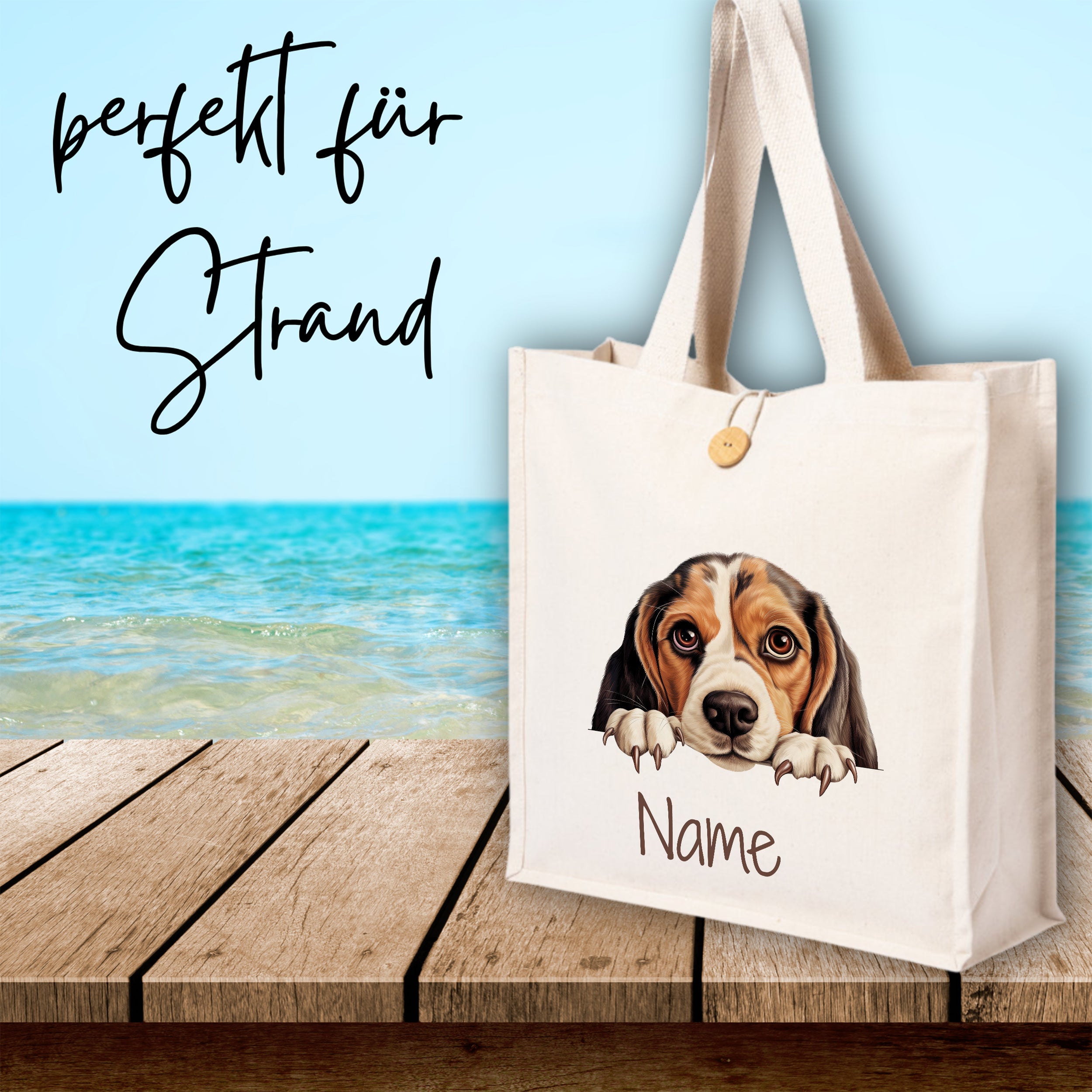 Beige Strandtasche mit Beagle-Motiv und personalisierbarem Namen.