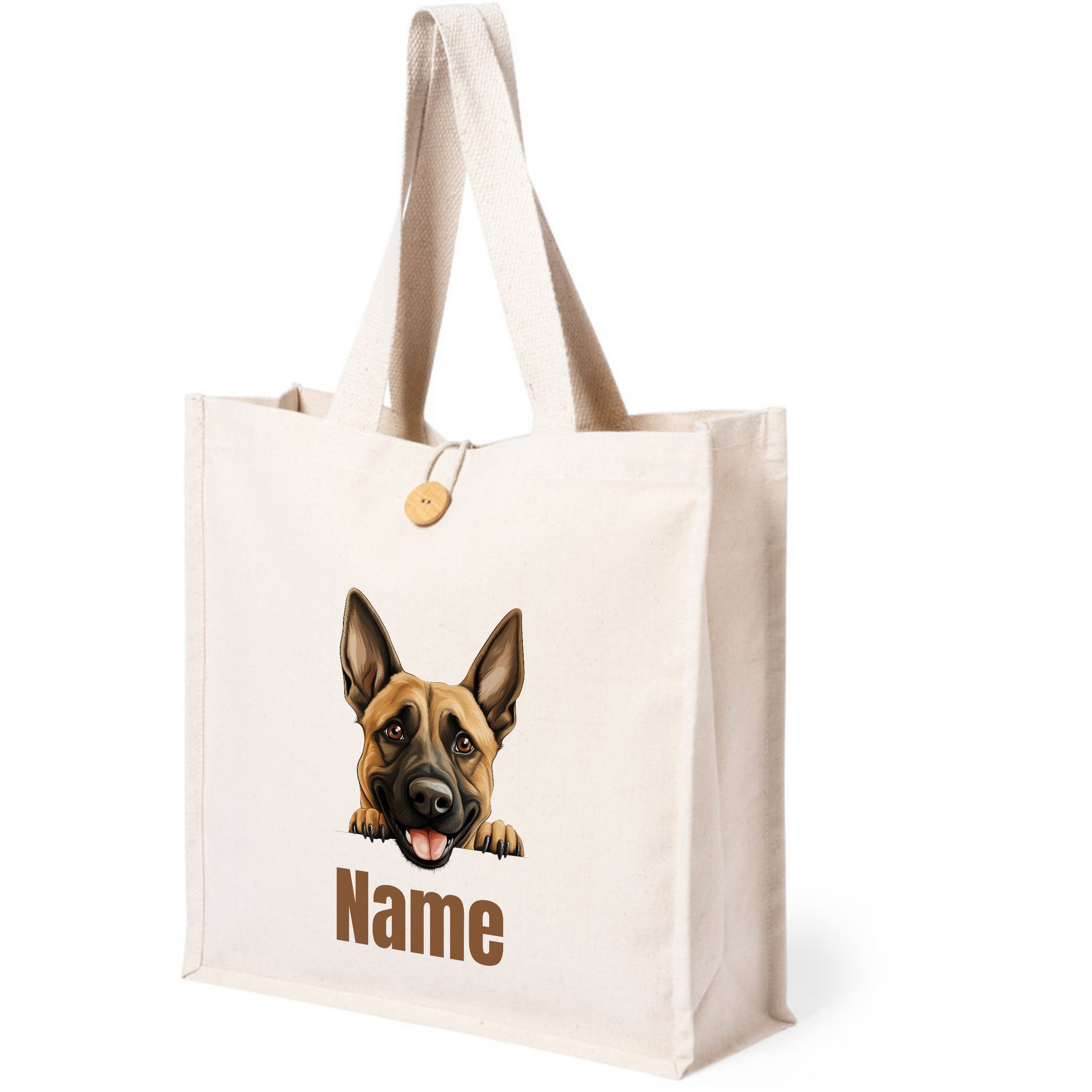 Beige Tragetasche mit Hundemotiv und personalisierbarem Namen.