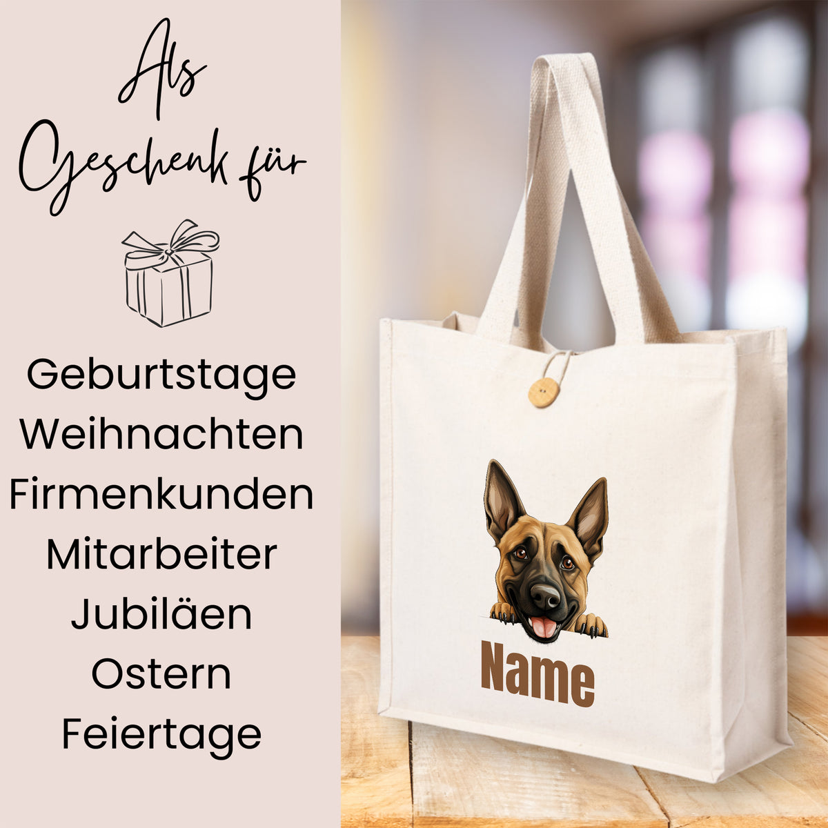 Beige Tragetasche mit Hundemotiv und personalisierbarem Namen.