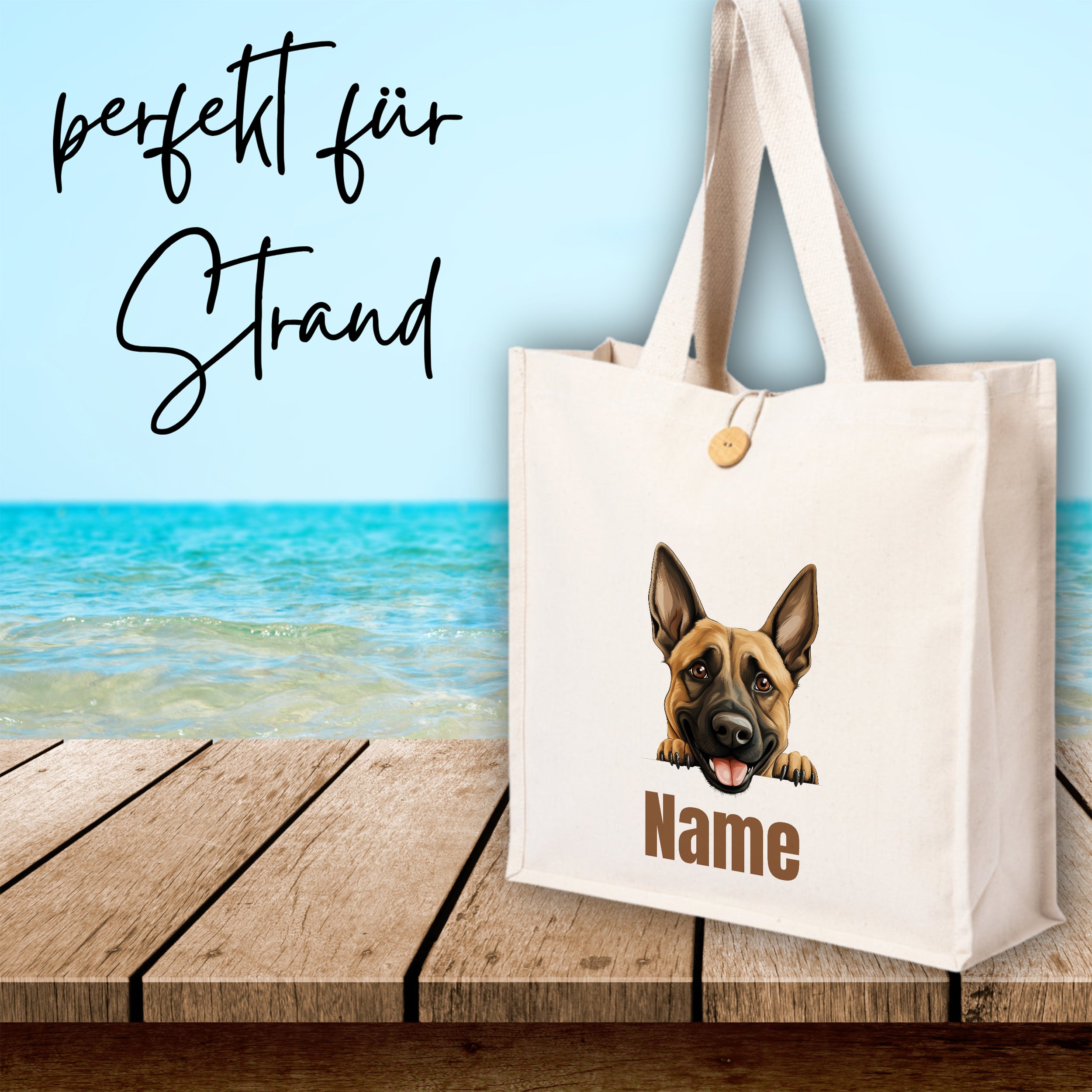 Beige Strandtasche mit Hundemotiv und personalisierbarem Namen.