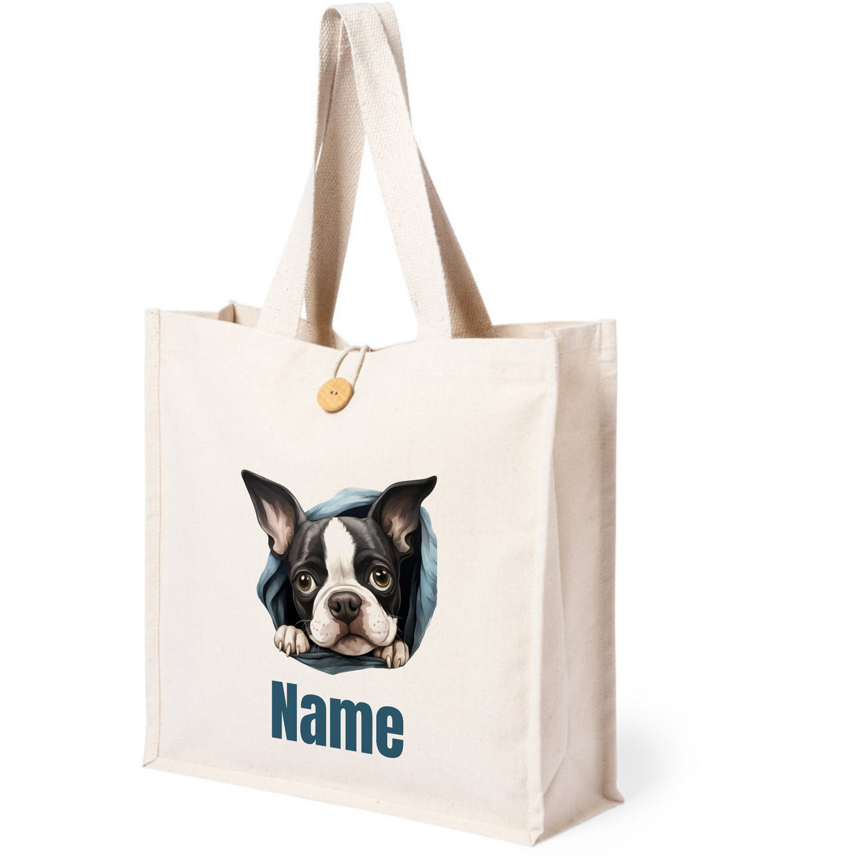 Beige Tasche mit Boston Terrier und personalisierbarem Namen.