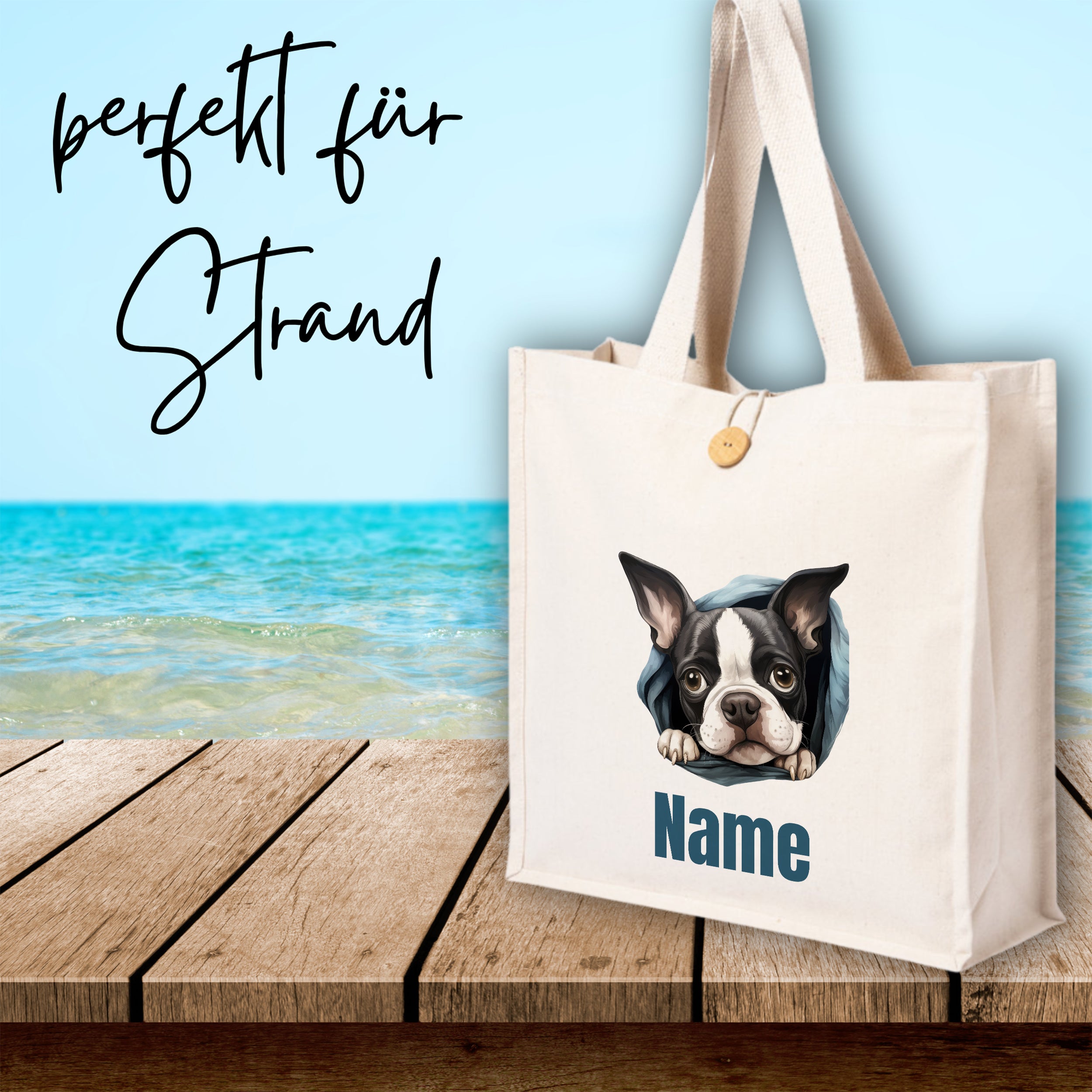 Beige Strandtasche mit Bulldoggen-Motiv und personalisierbarem Namen.