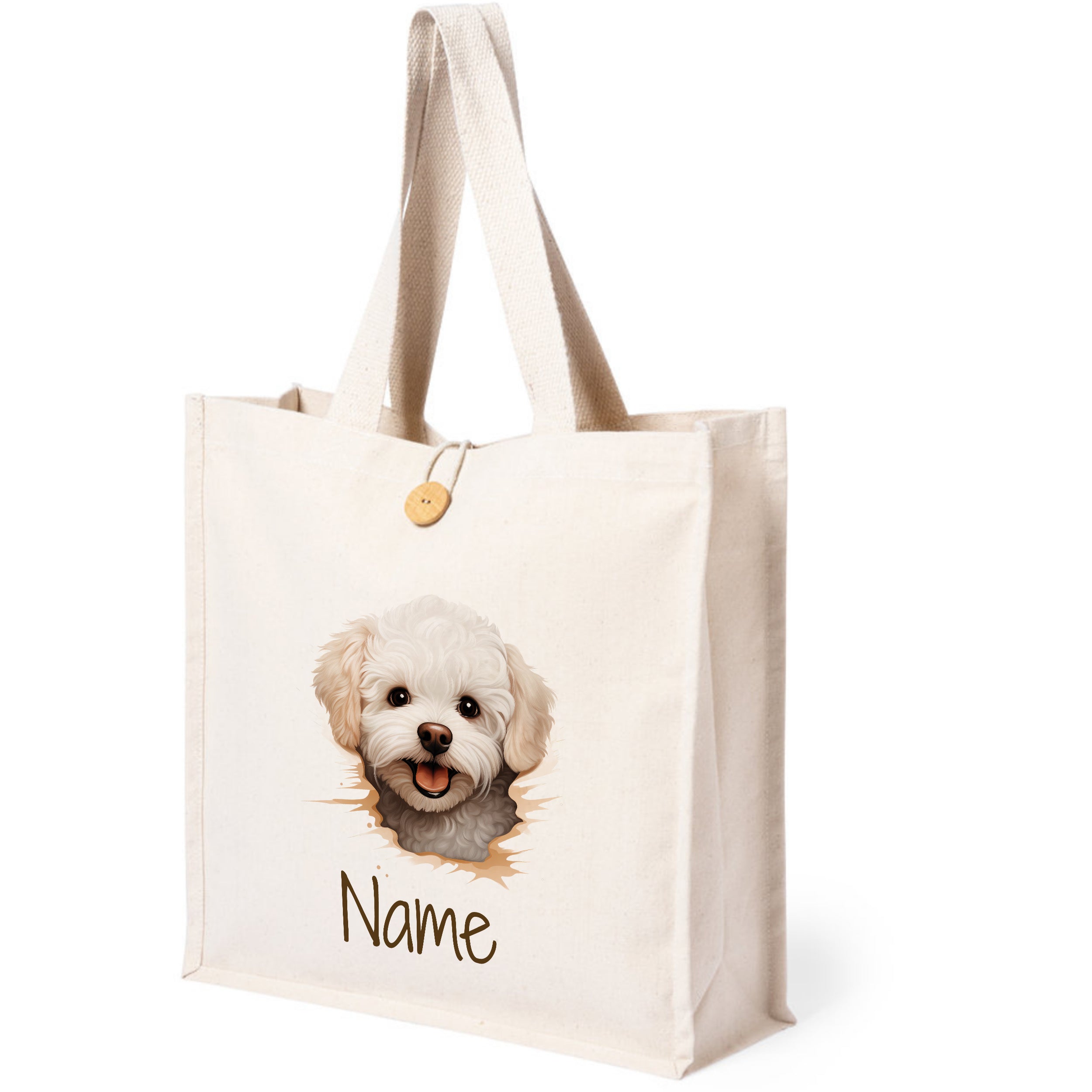 Beige Tragetasche mit Hundemotiv und personalisierbarem Namen.