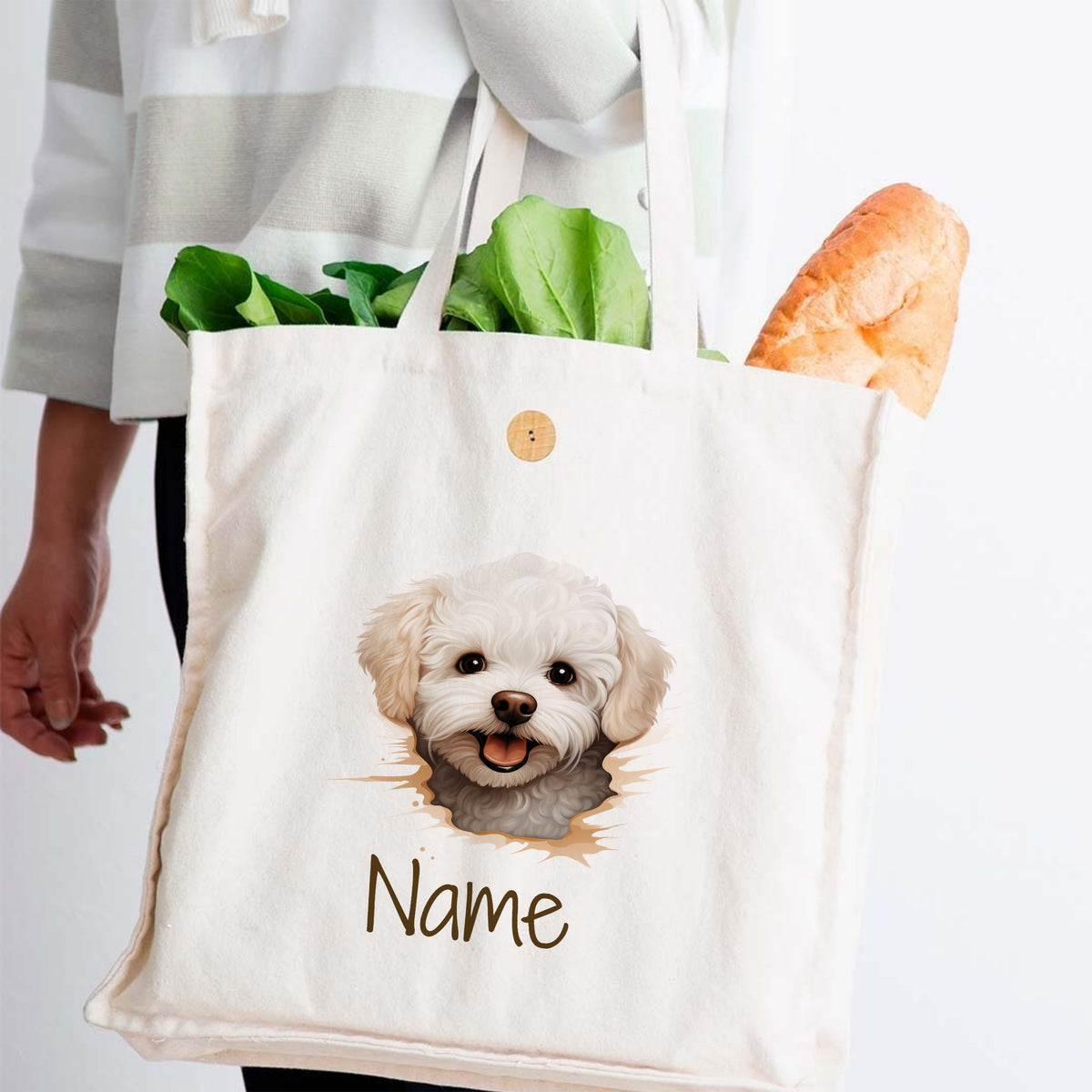 Beige Stofftasche mit Hundemotiv und personalisierbarem Namen.