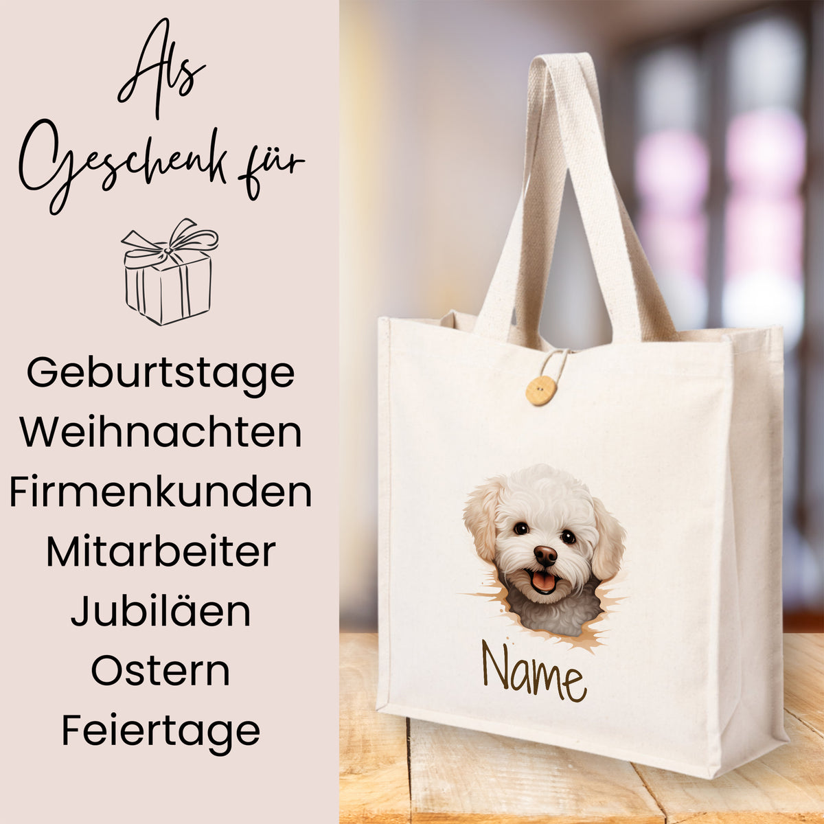 Beige Stofftasche mit Hundemotiv und personalisierbarem Namen.