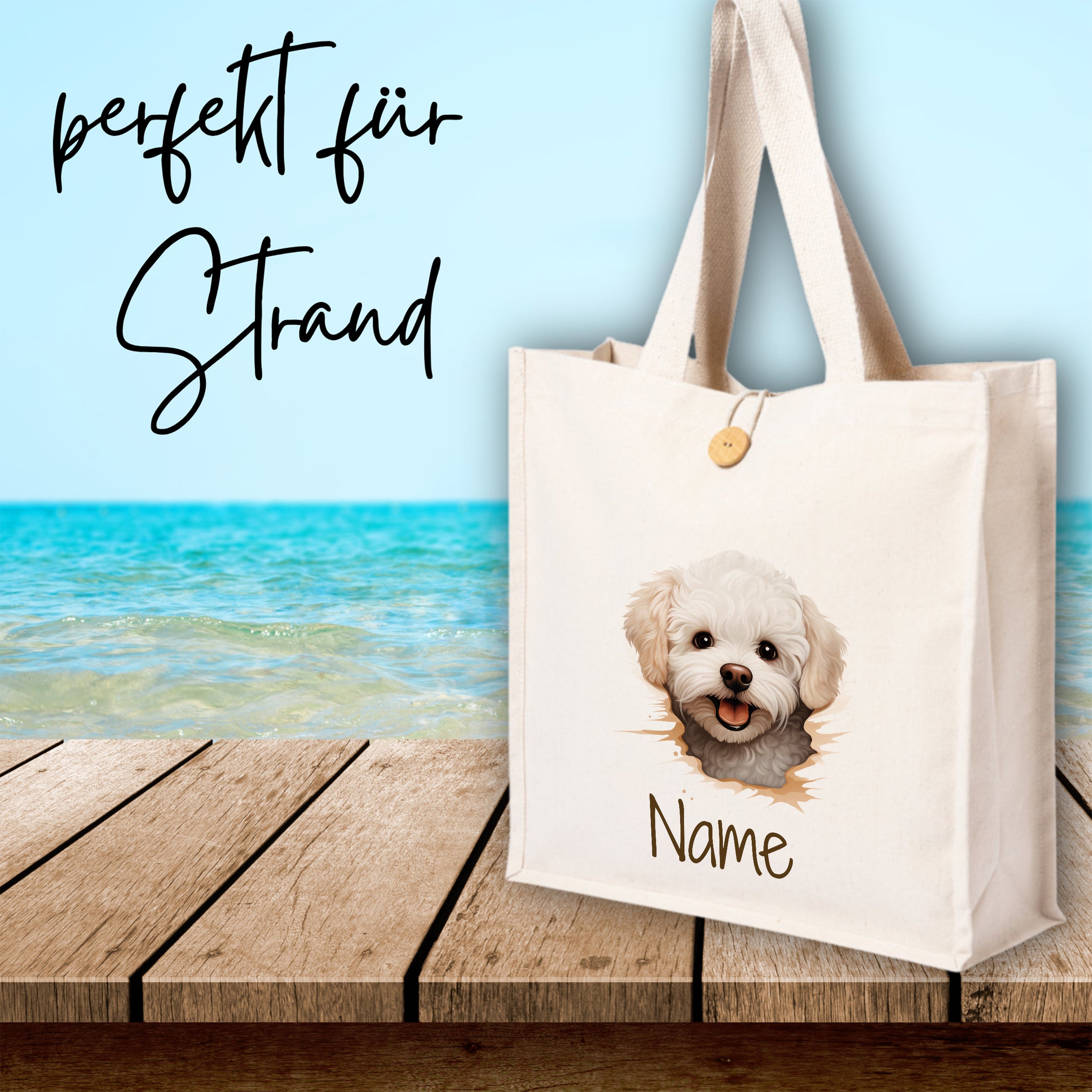 Beige Strandtasche mit Hundemotiv und personalisierbarem Namen.