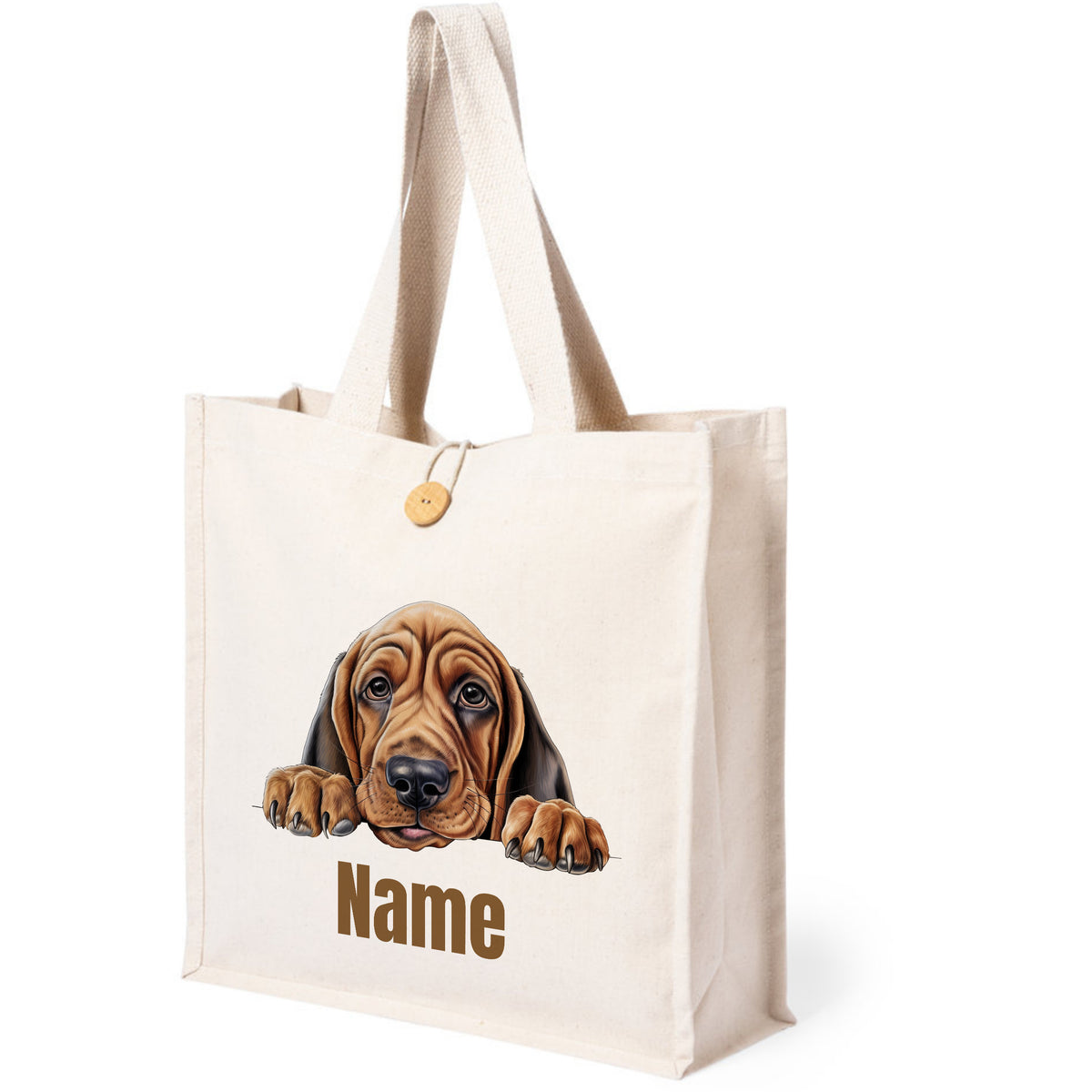 Beige Tasche mit Hundemotiv und personalisierbarem Namen.