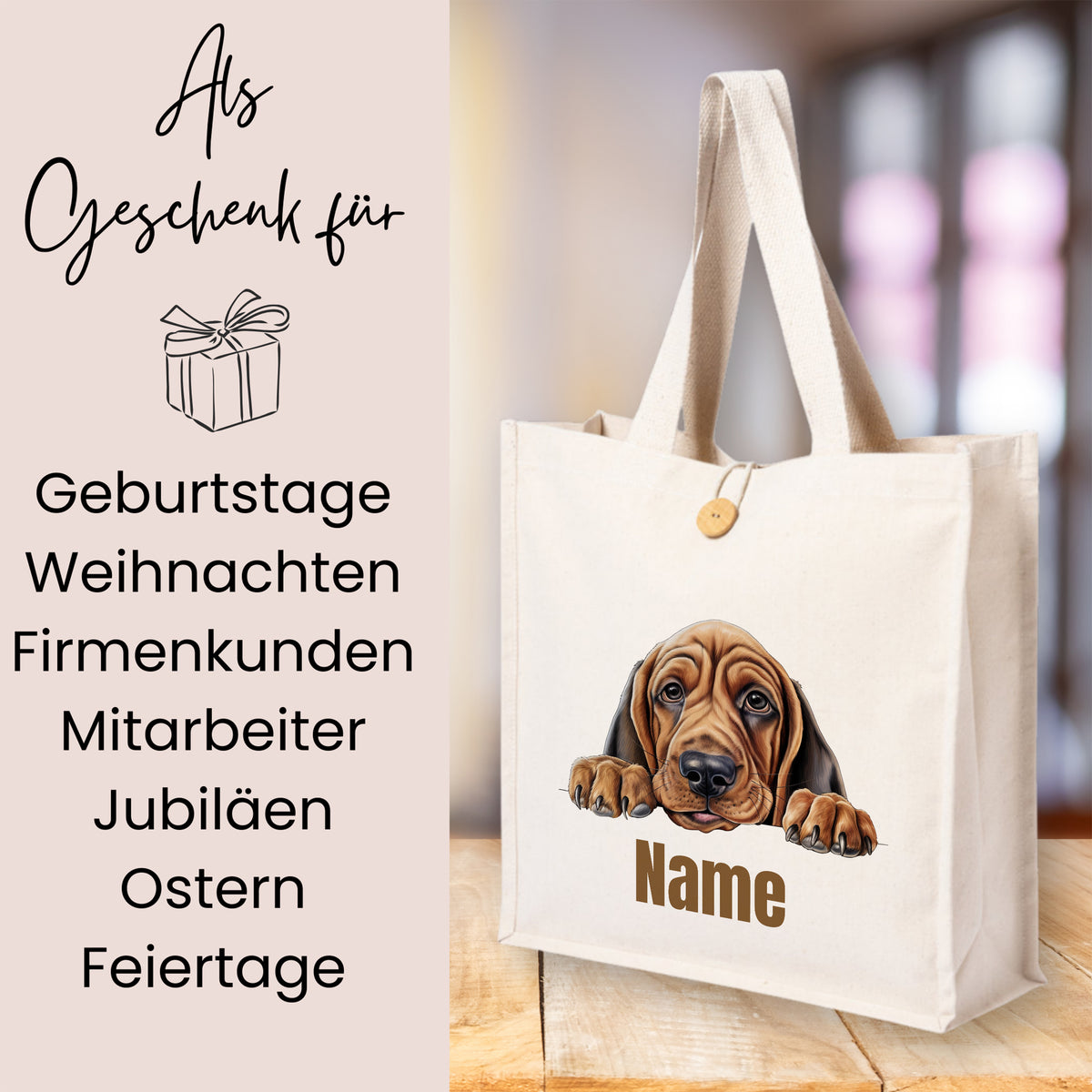 Beige Tragetasche mit Hundemotiv und personalisierbarem Namen.