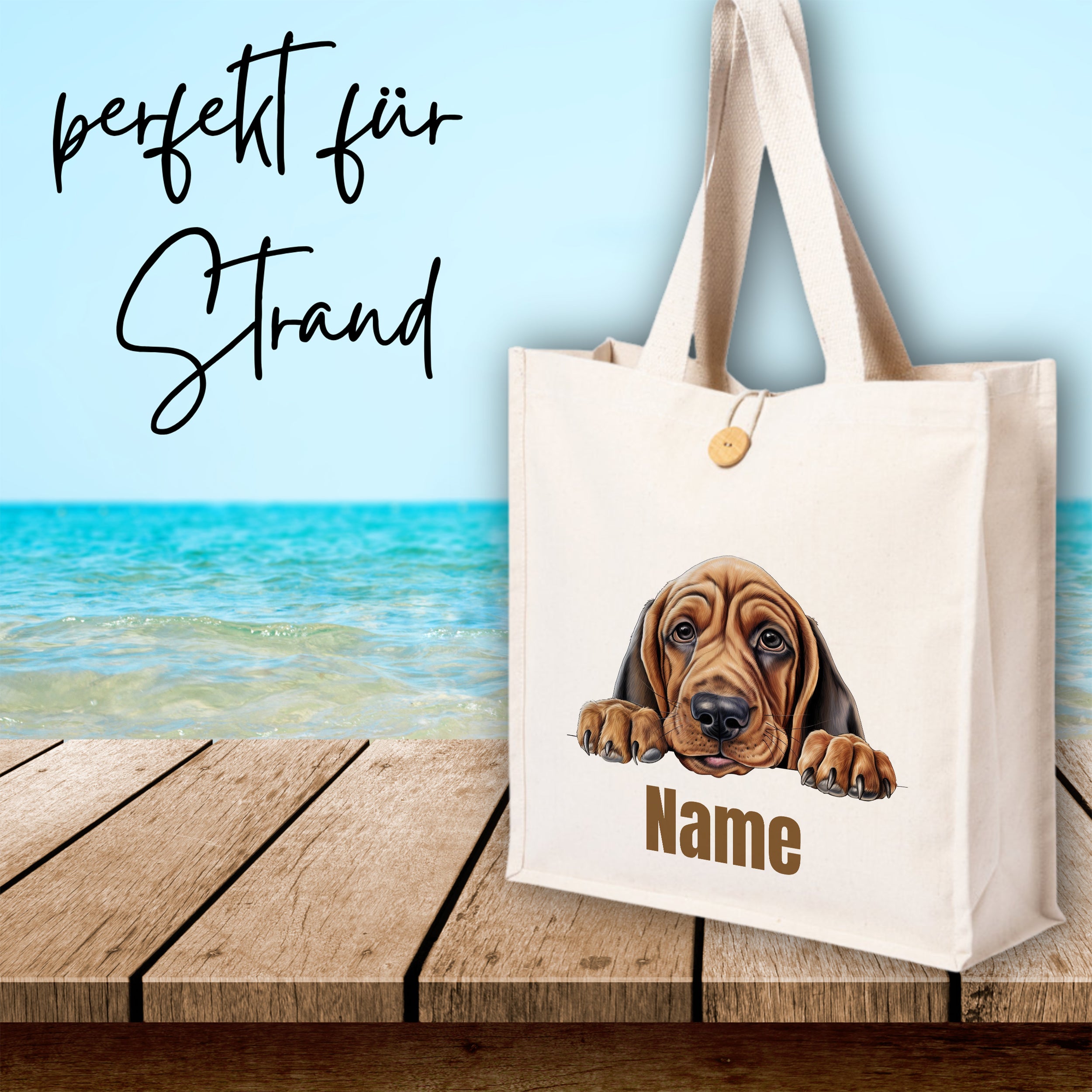 Beige Strandtasche mit Hundemotiv und personalisierbarem Namen.