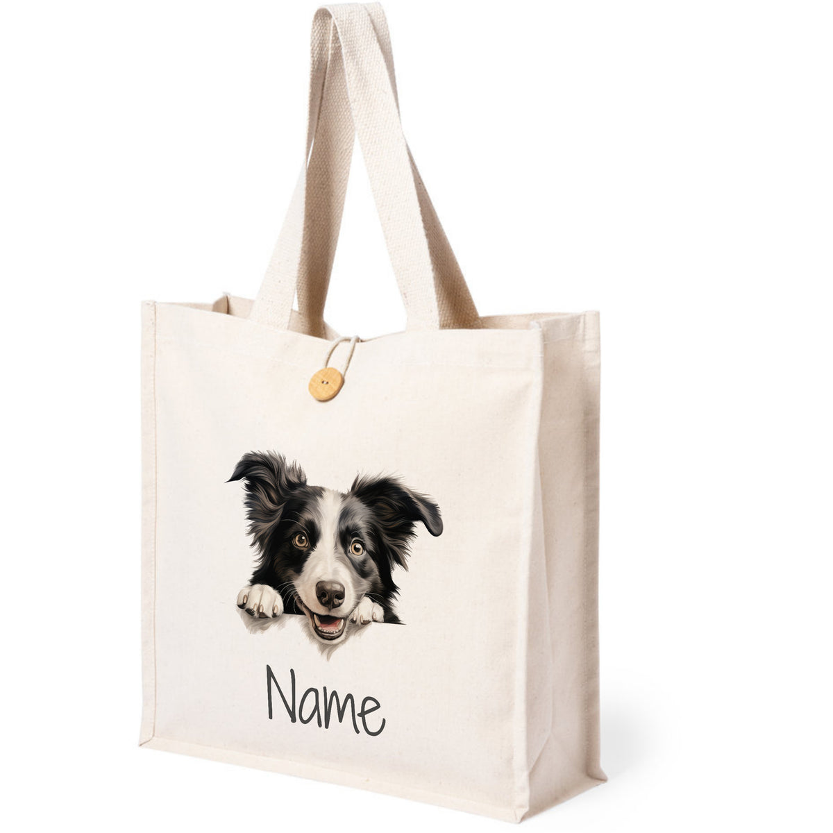 Beige Tragetasche mit Border Collie und personalisierbarem Namen.