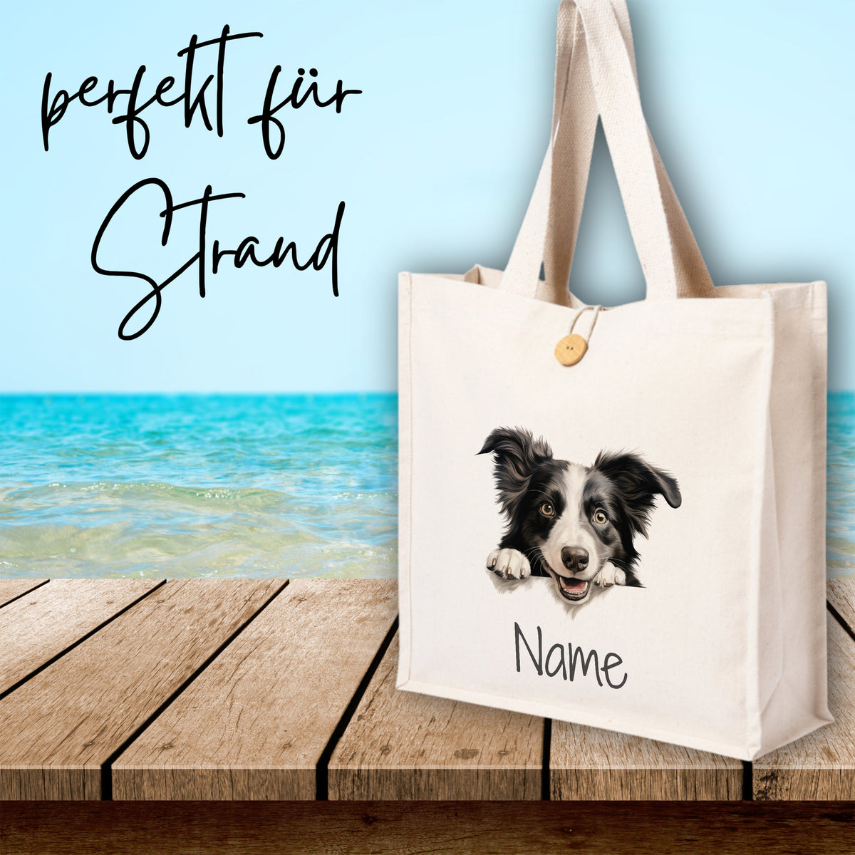 Beige Strandtasche mit Hundemotiv und personalisierbarem Namen.