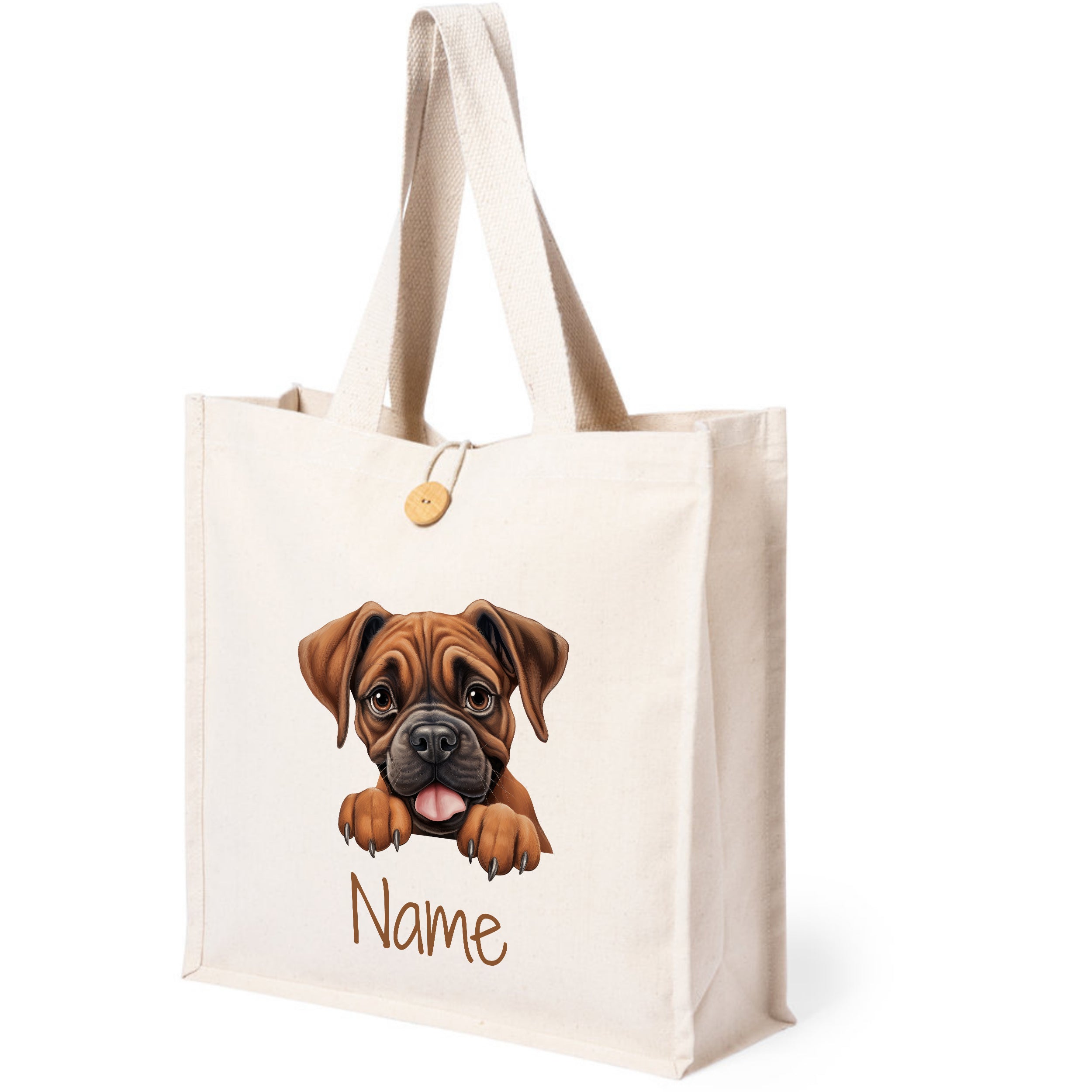Beige Tragetasche mit Hundemotiv und personalisierbarem Namen.