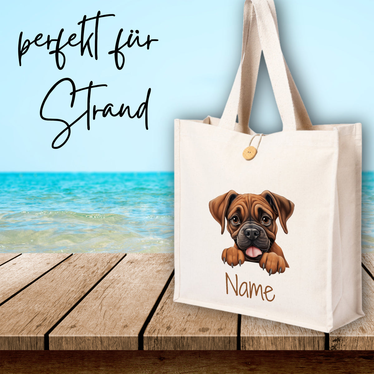 Beige Strandtasche mit Hundemotiv und personalisierbarem Namen.
