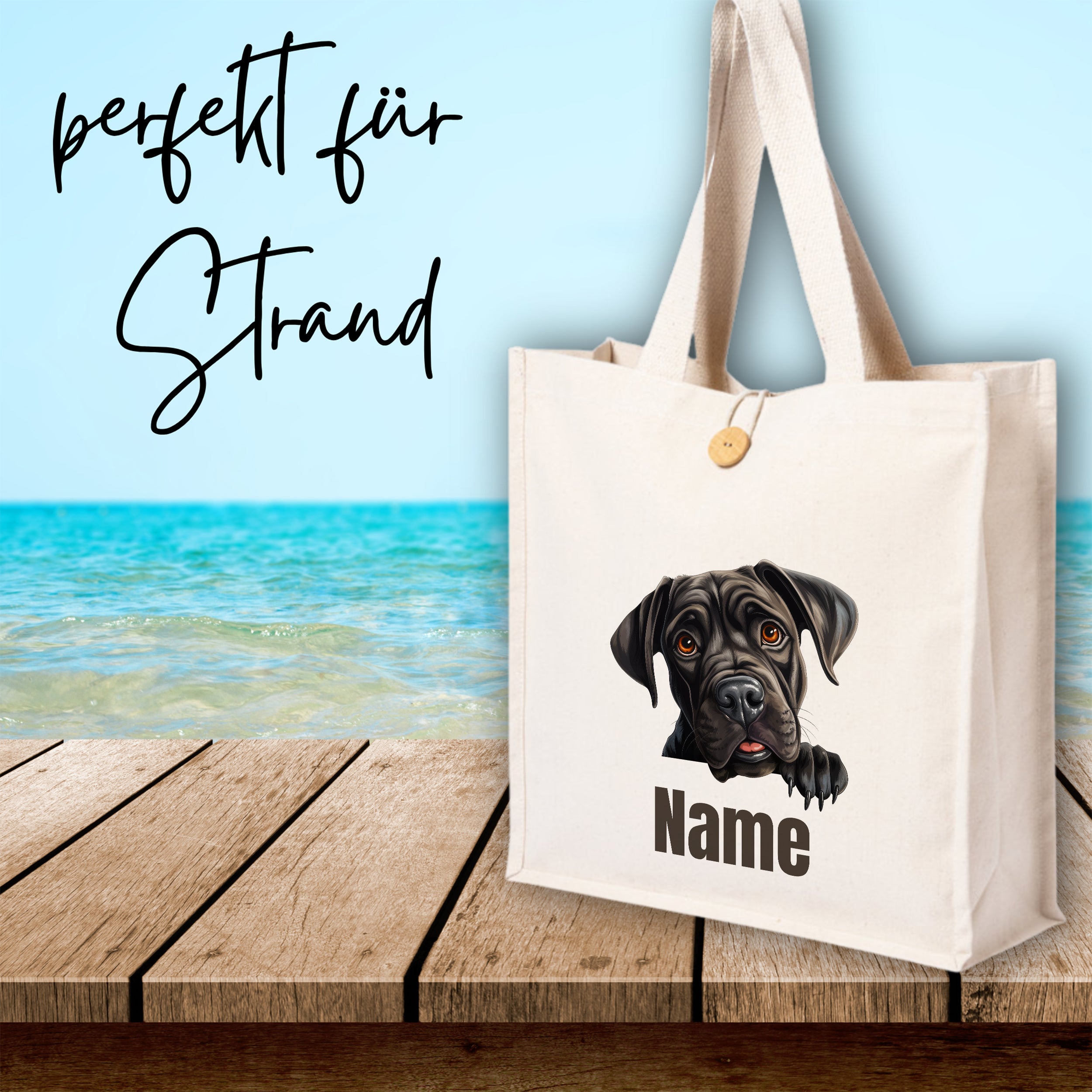 Beige Strandtasche mit Hundemotiv und personalisierbarem Namen.