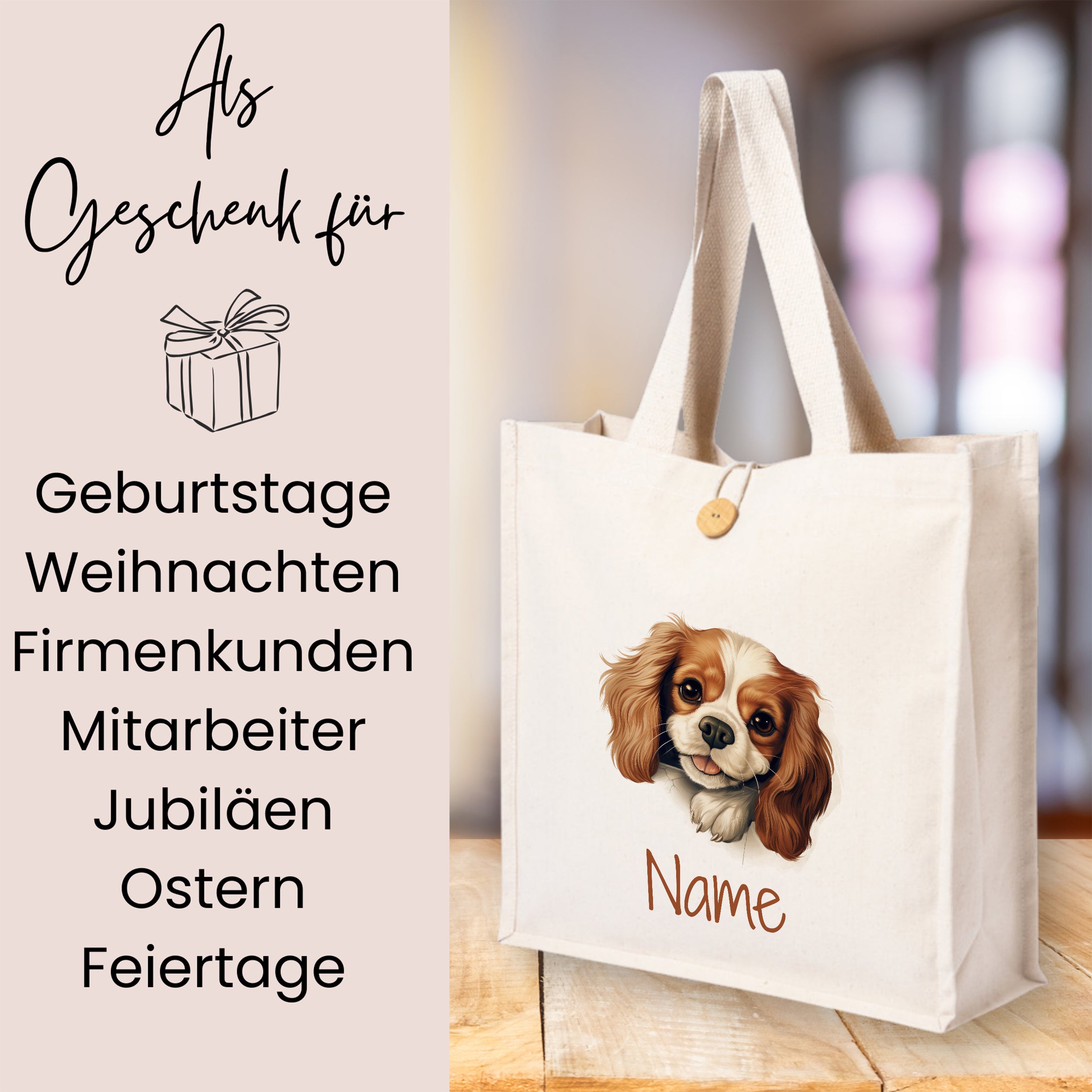 Beige Stofftasche mit Hundemotiv und personalisierbarem Namen.