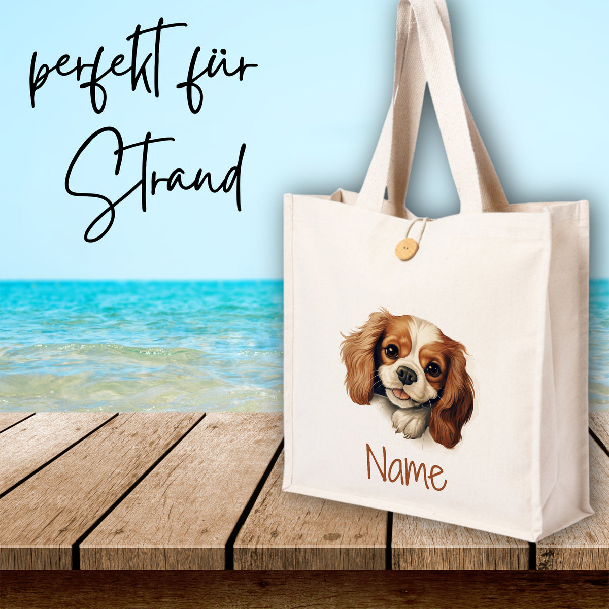 Beige Strandtasche mit Hundemotiv und personalisierbarem Namen.