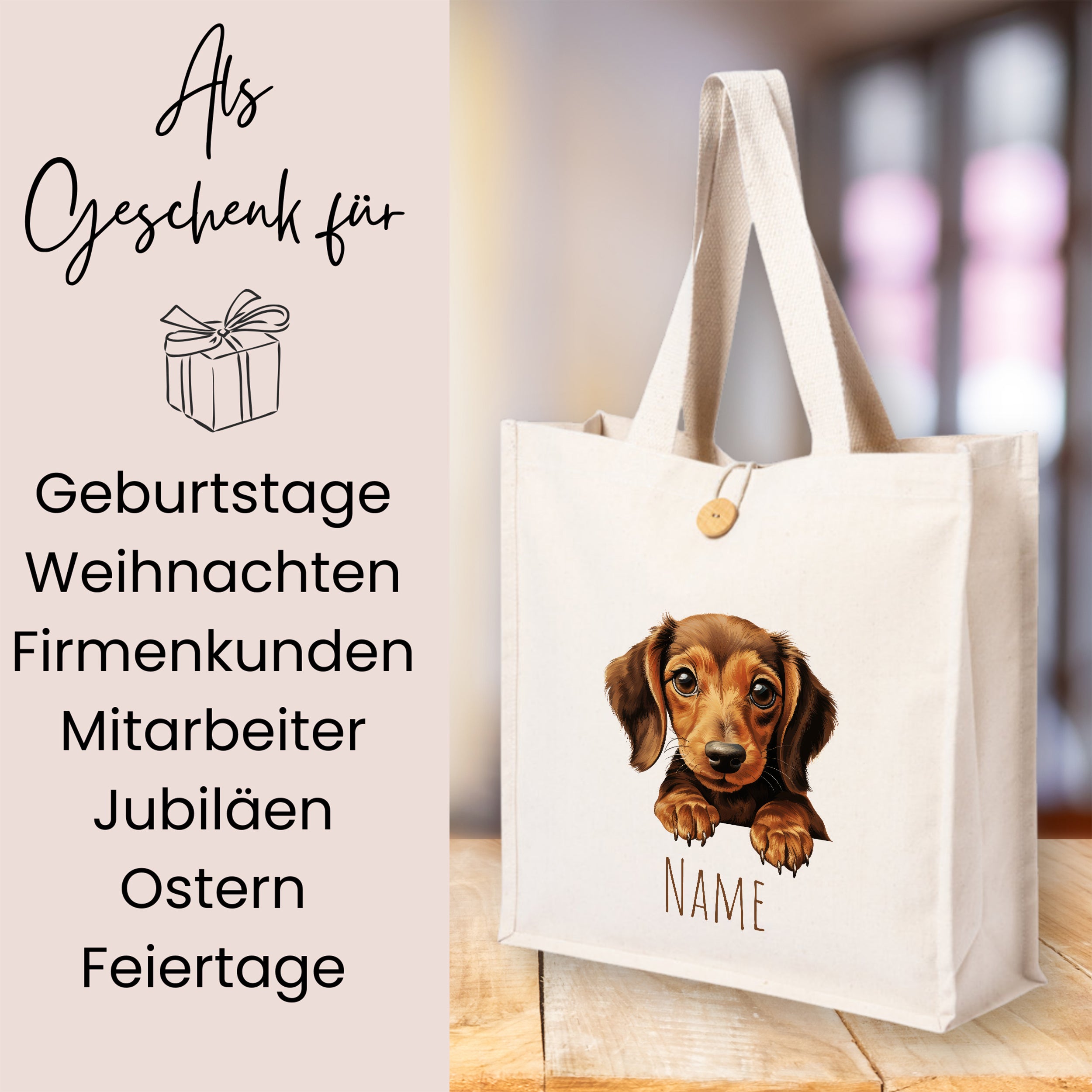 Beige Stofftasche mit Hundemotiv und personalisierbarem Namen.