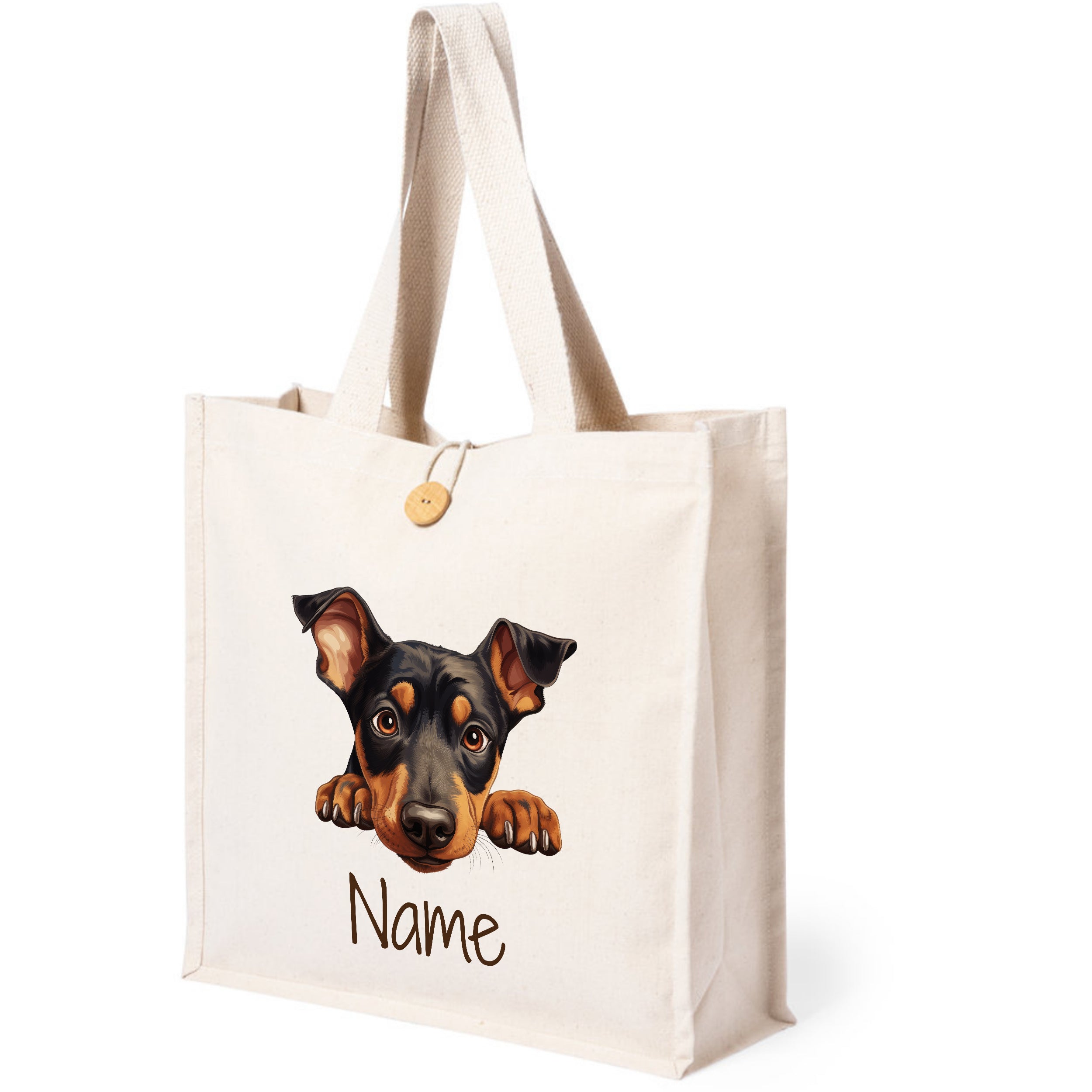Beige Stofftasche mit Hundemotiv und personalisierbarem Namen.
