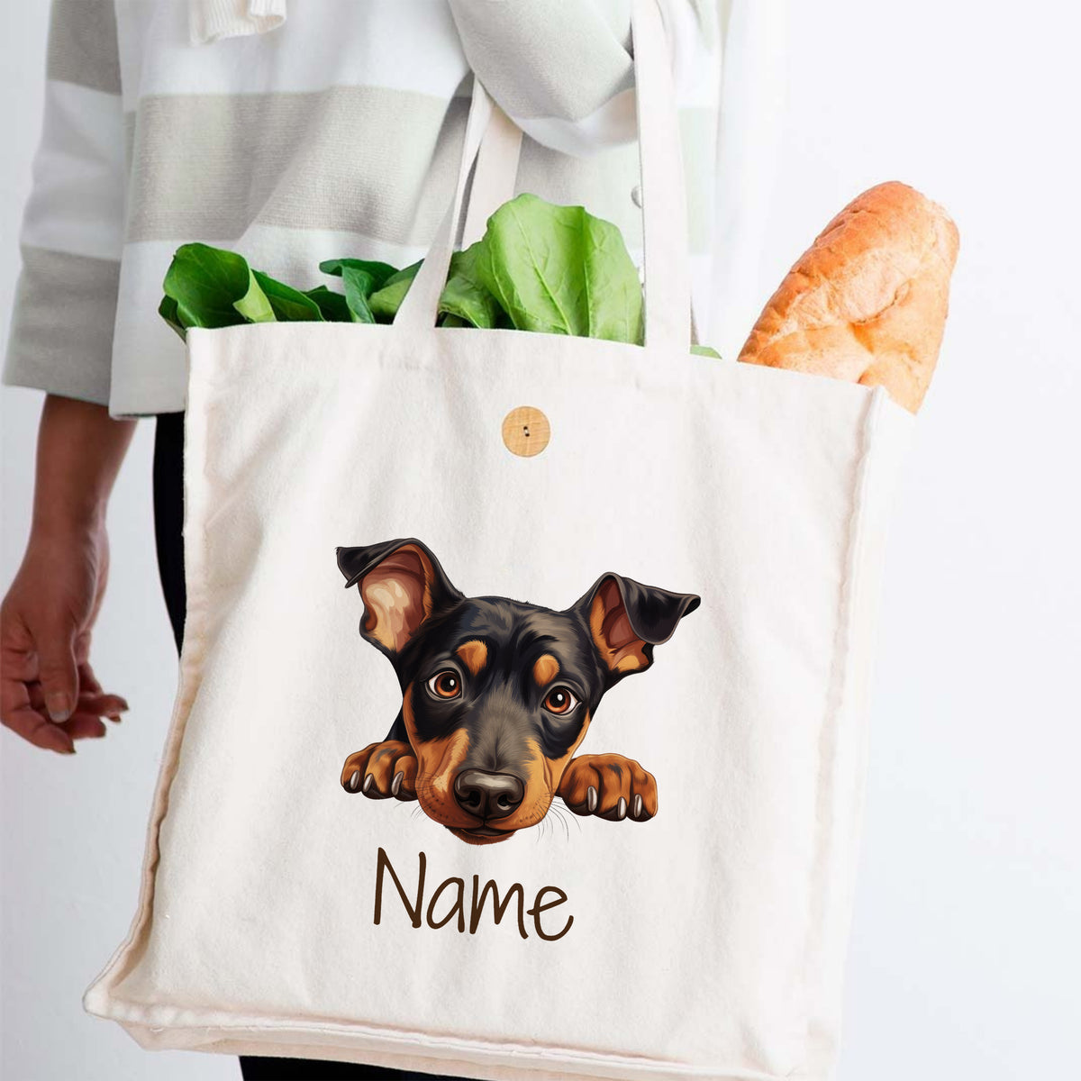 Beige Baumwolltasche mit Hundemotiv und personalisiertem Namen.