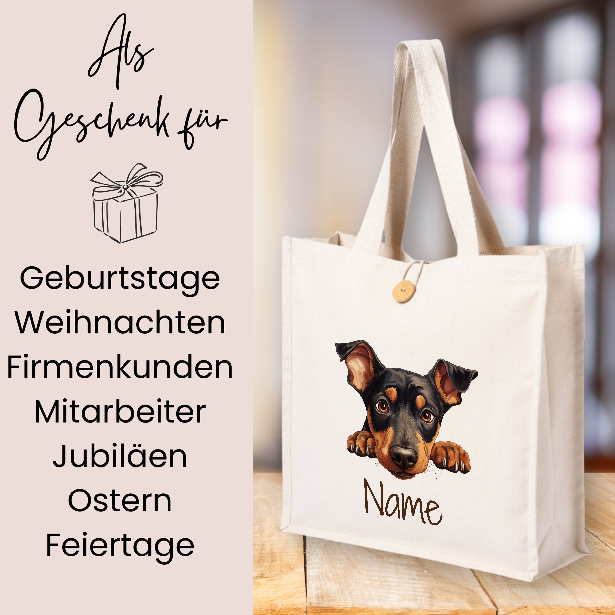 Beige Tragetasche mit Hundemotiv und personalisierbarem Namen.