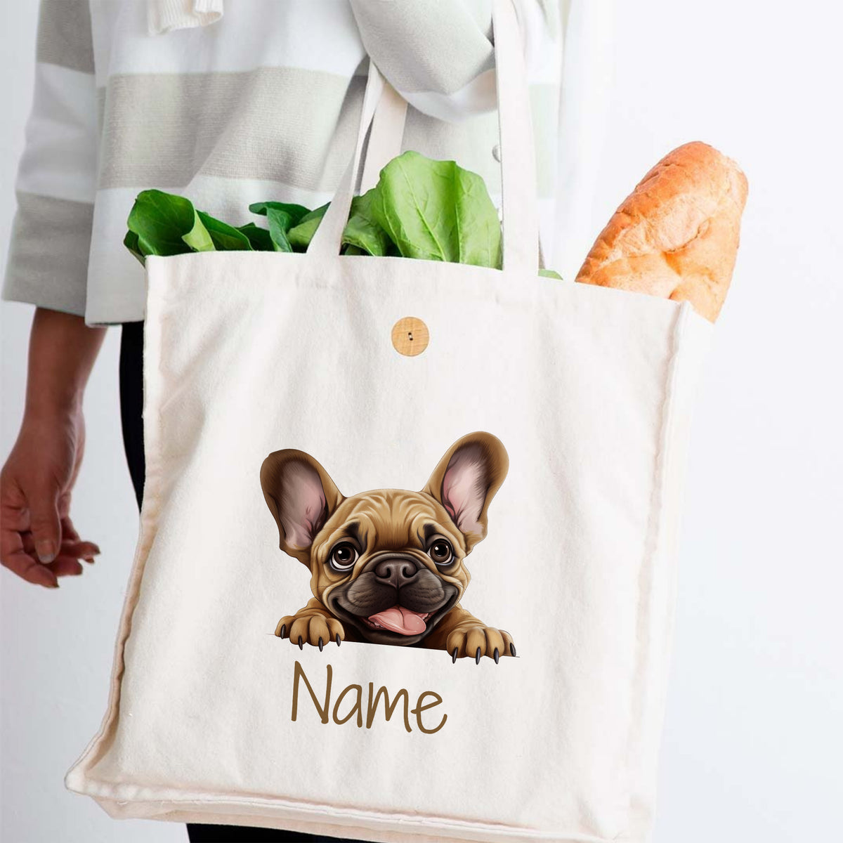 Beige Einkaufstasche mit französischem Bulldoggen-Motiv und personalisiertem Namen.