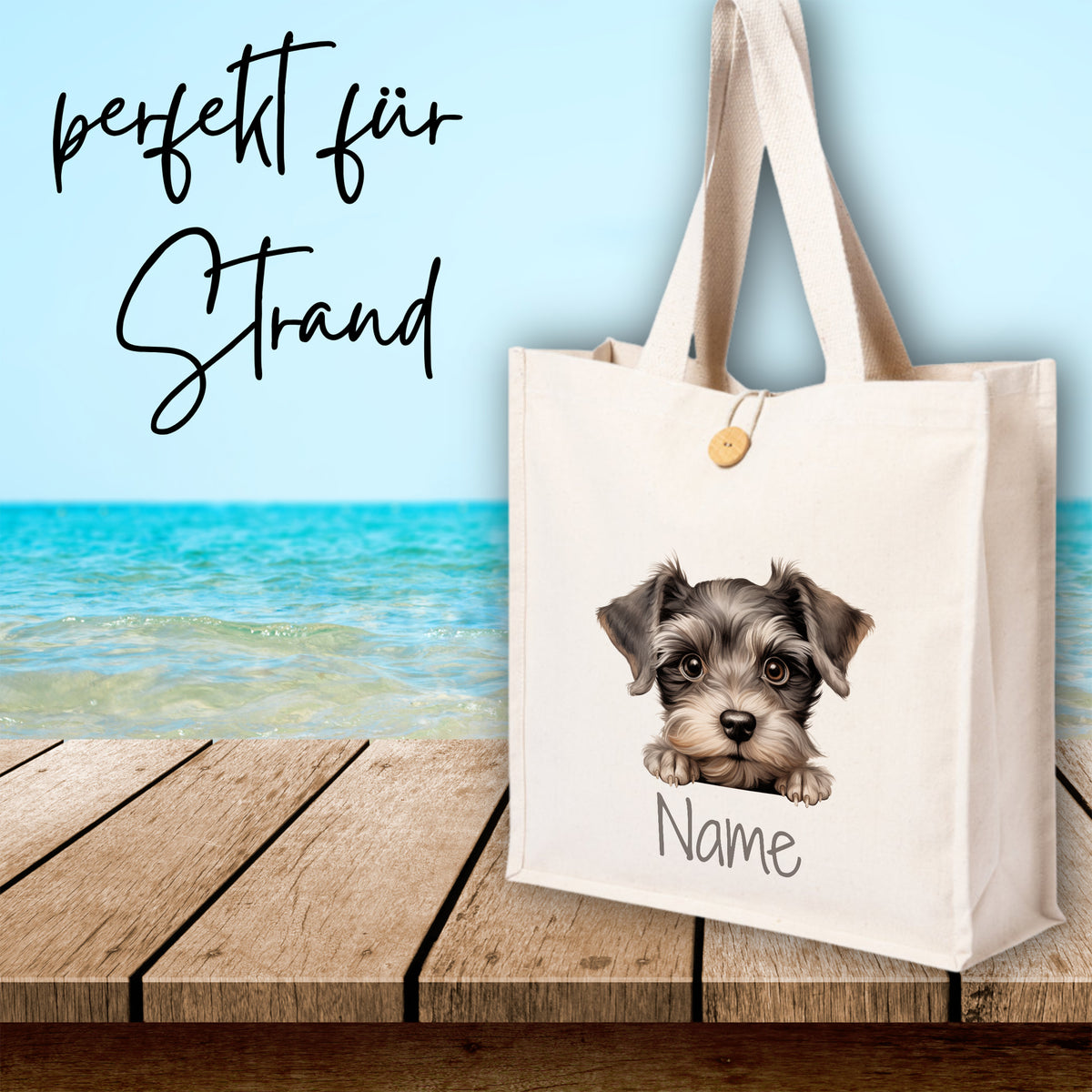 Beige Strandtasche mit Hundemotiv und personalisierbarem Namen.