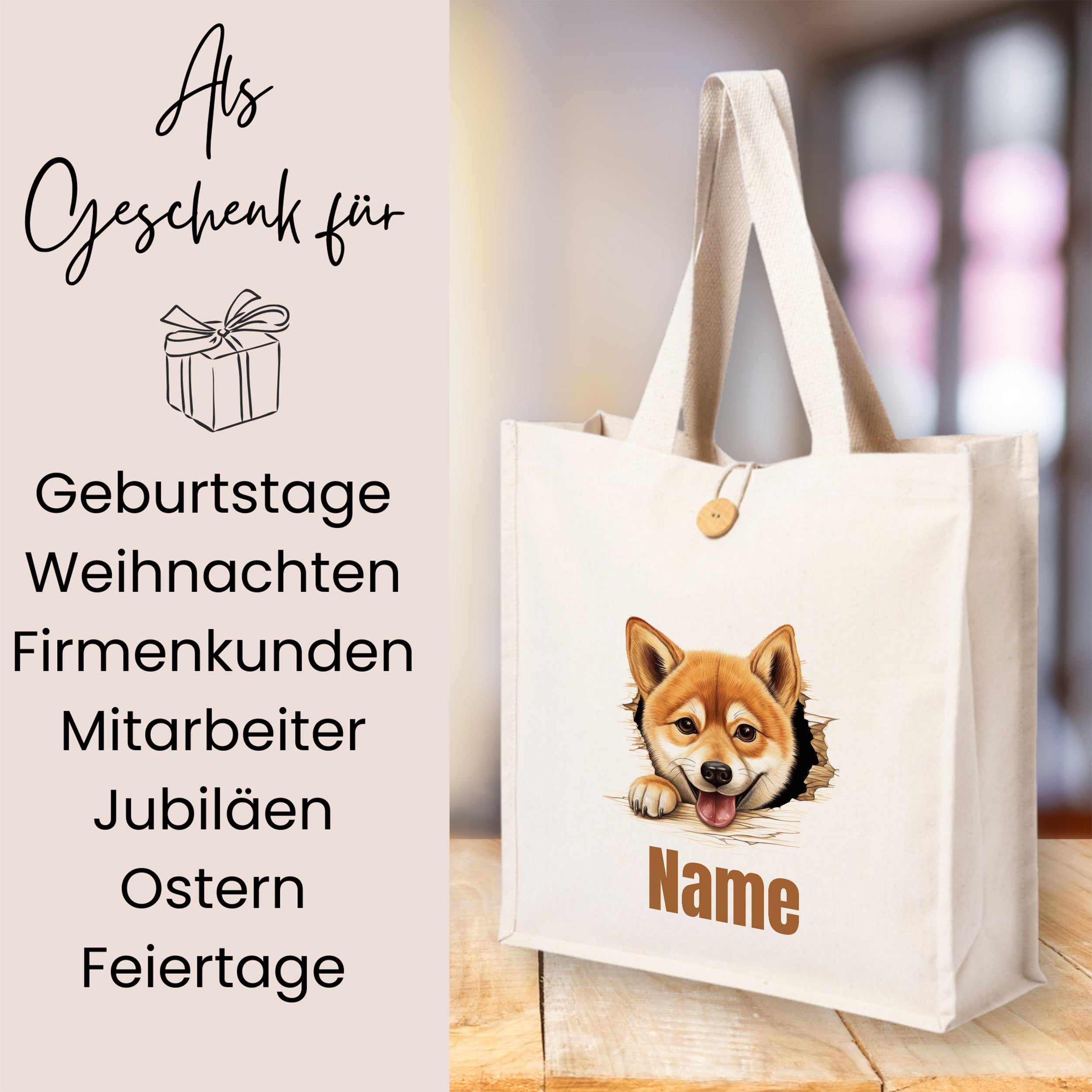 Beige Tragetasche mit Hundemotiv und personalisierbarem Namen.
