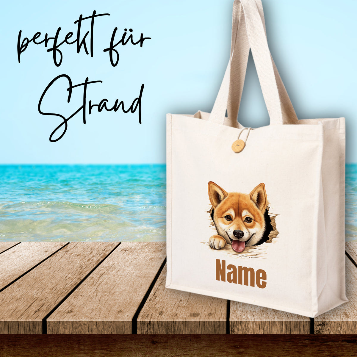 Beige Strandtasche mit Corgi-Motiv und personalisierbarem Namen.