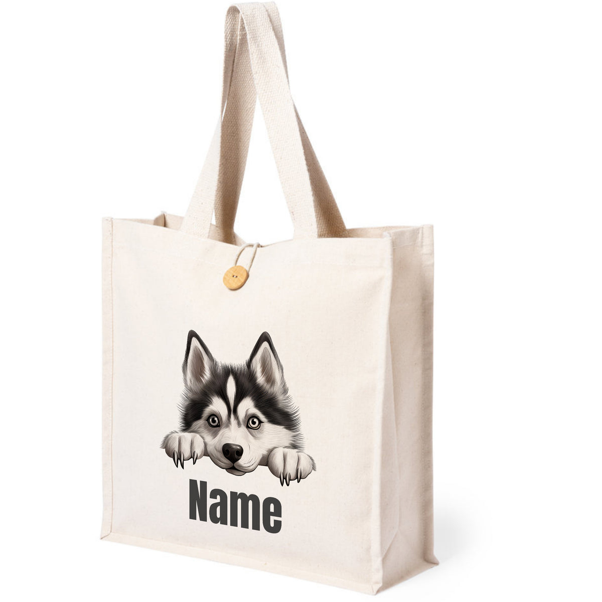 Beige Tasche mit Husky-Motiv und personalisierbarem Namen.
