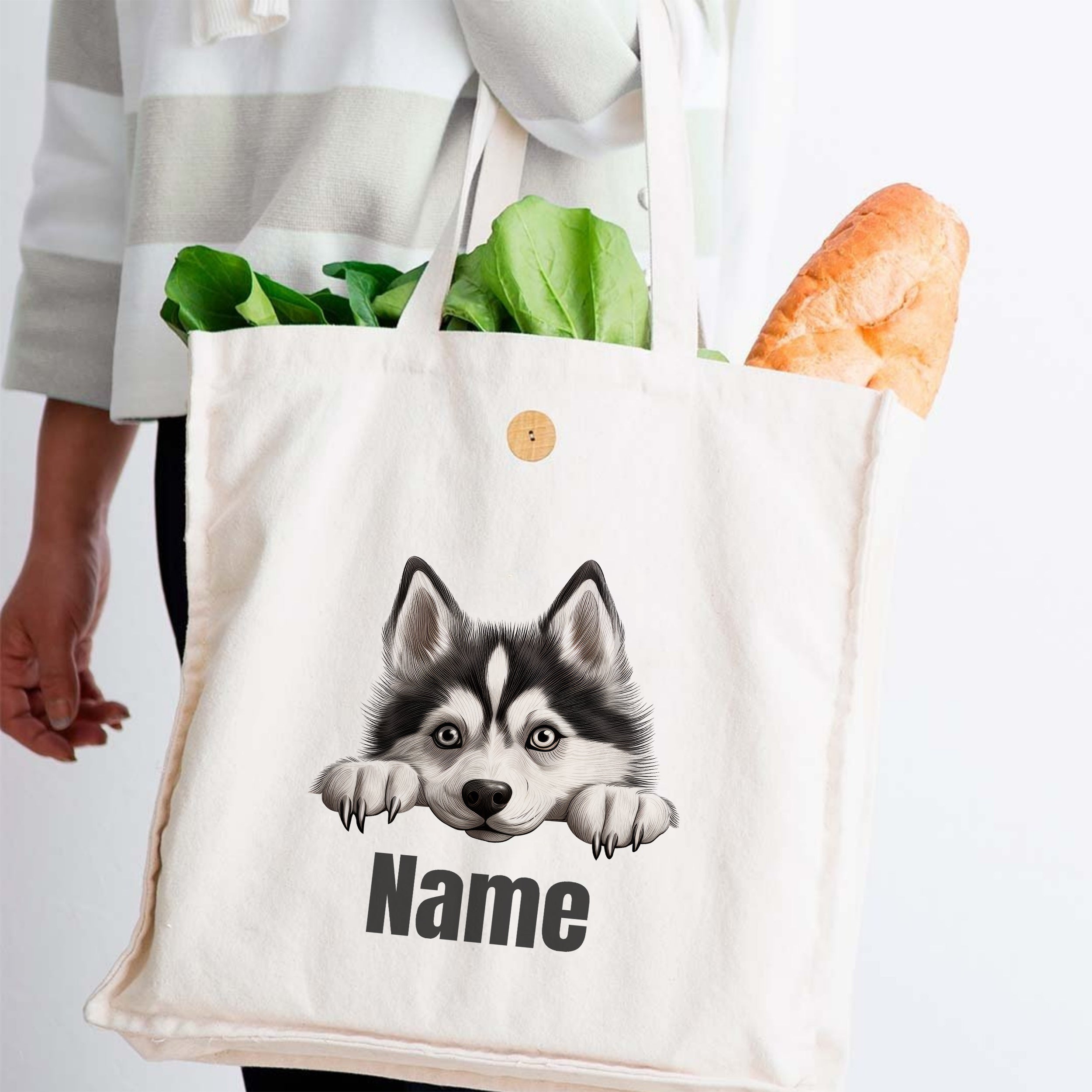 Beige Baumwolltasche mit Husky-Motiv und personalisierbarem Namen.