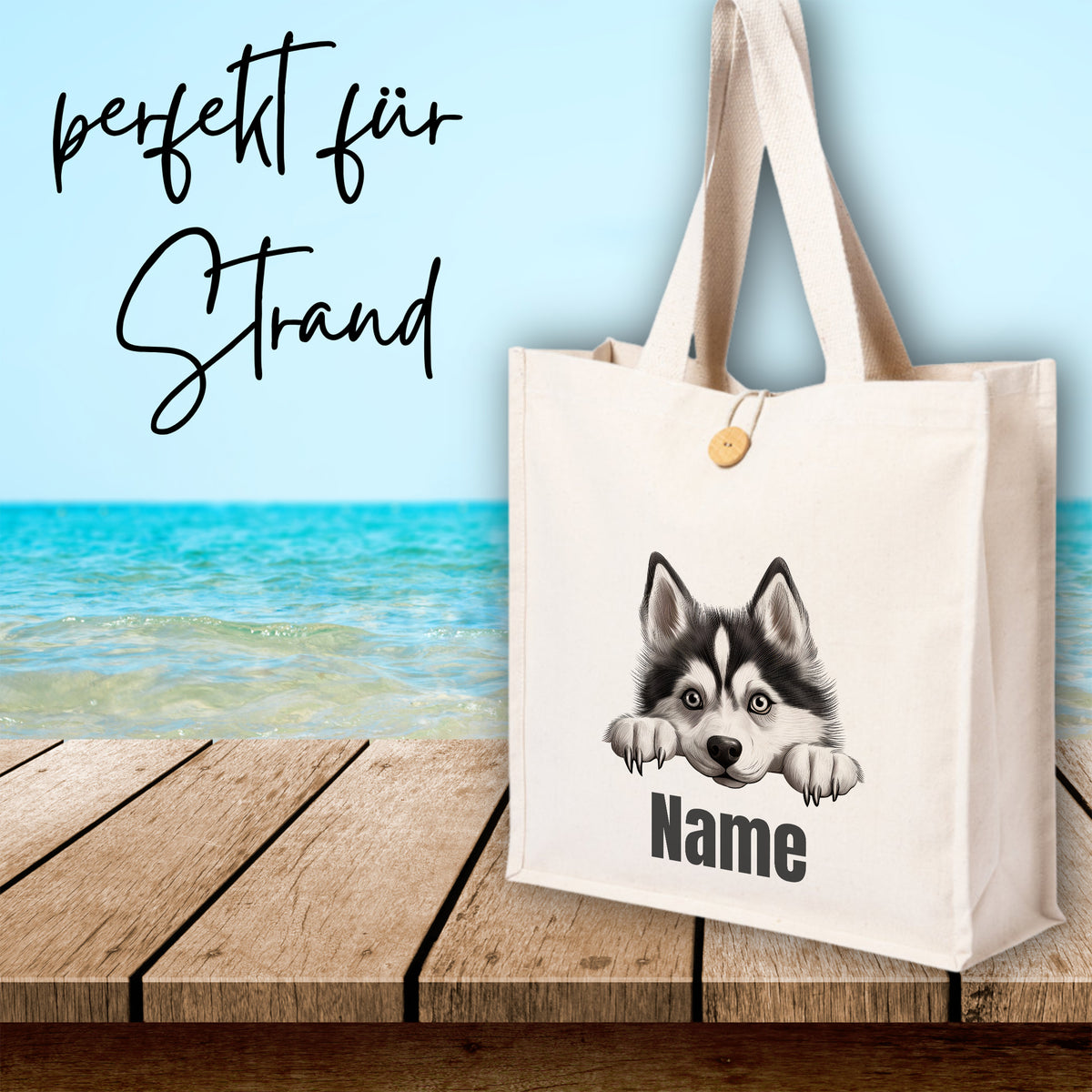 Beige Strandtasche mit Husky-Motiv und personalisierbarem Namen.