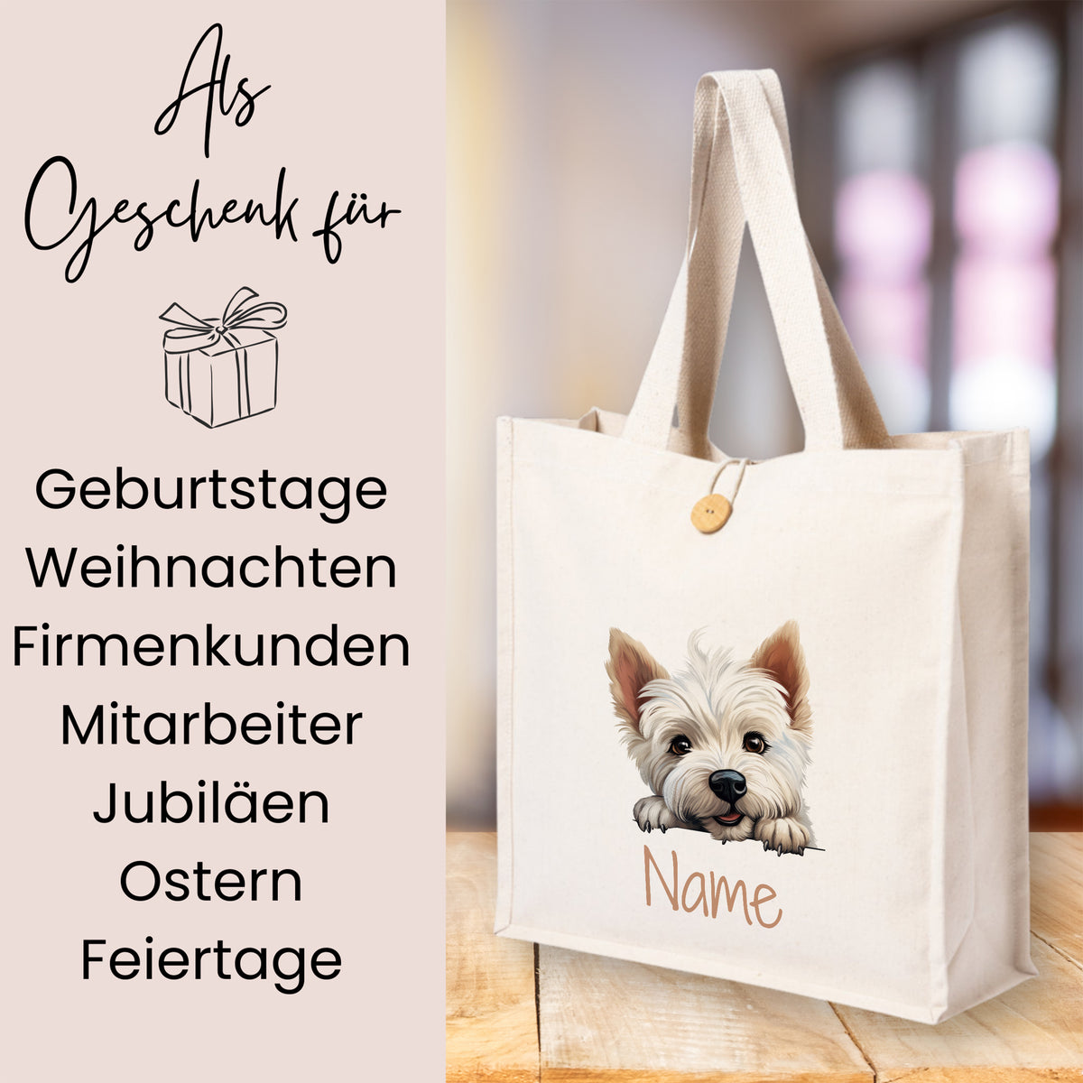 Beige Tasche mit Hundemotiv und personalisierbarem Namen.