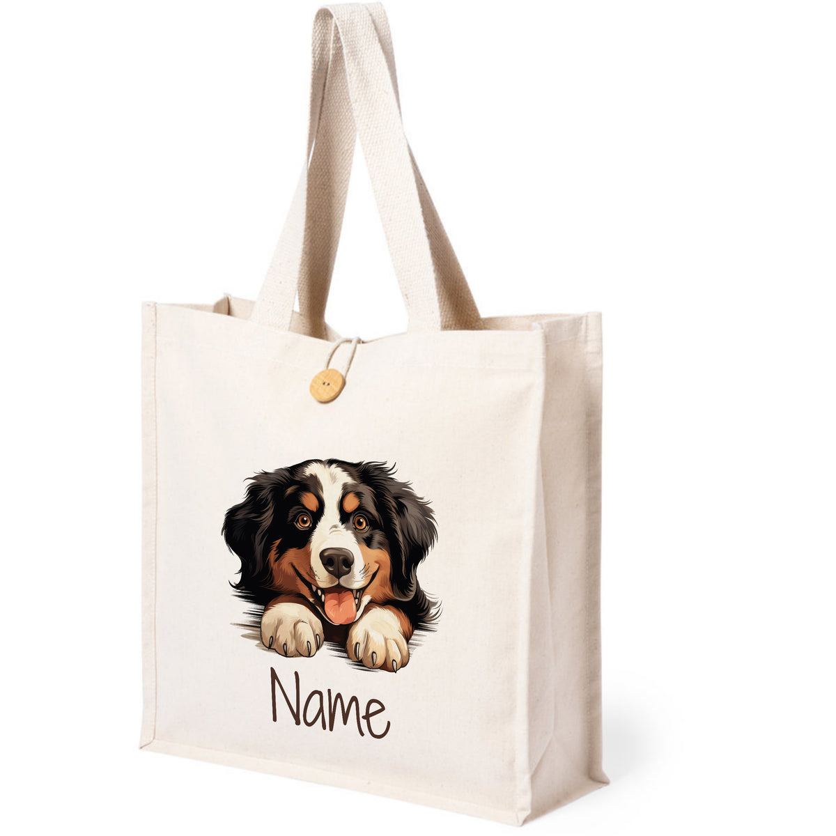Beige Tasche mit Hundemotiv und personalisierbarem Namen.