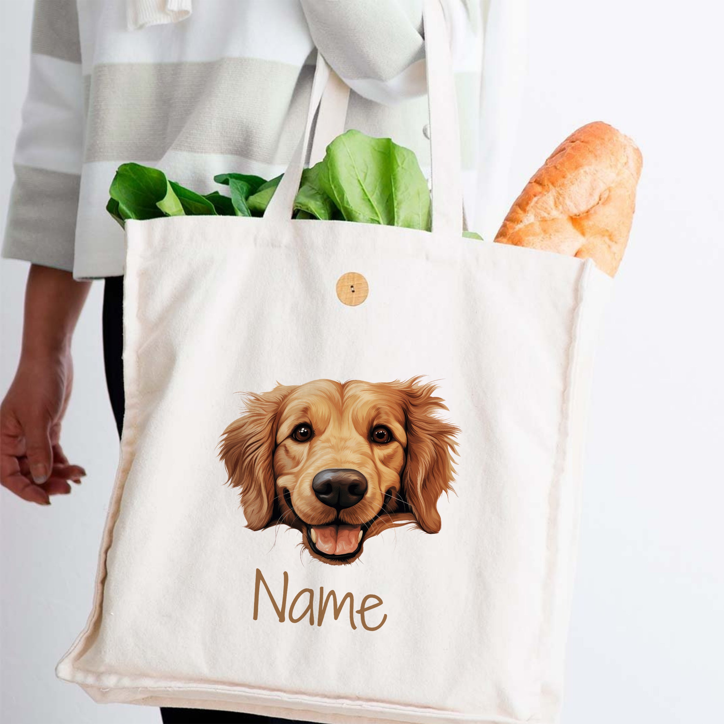 Beige Baumwolltasche mit Hundemotiv und personalisiertem Namen.