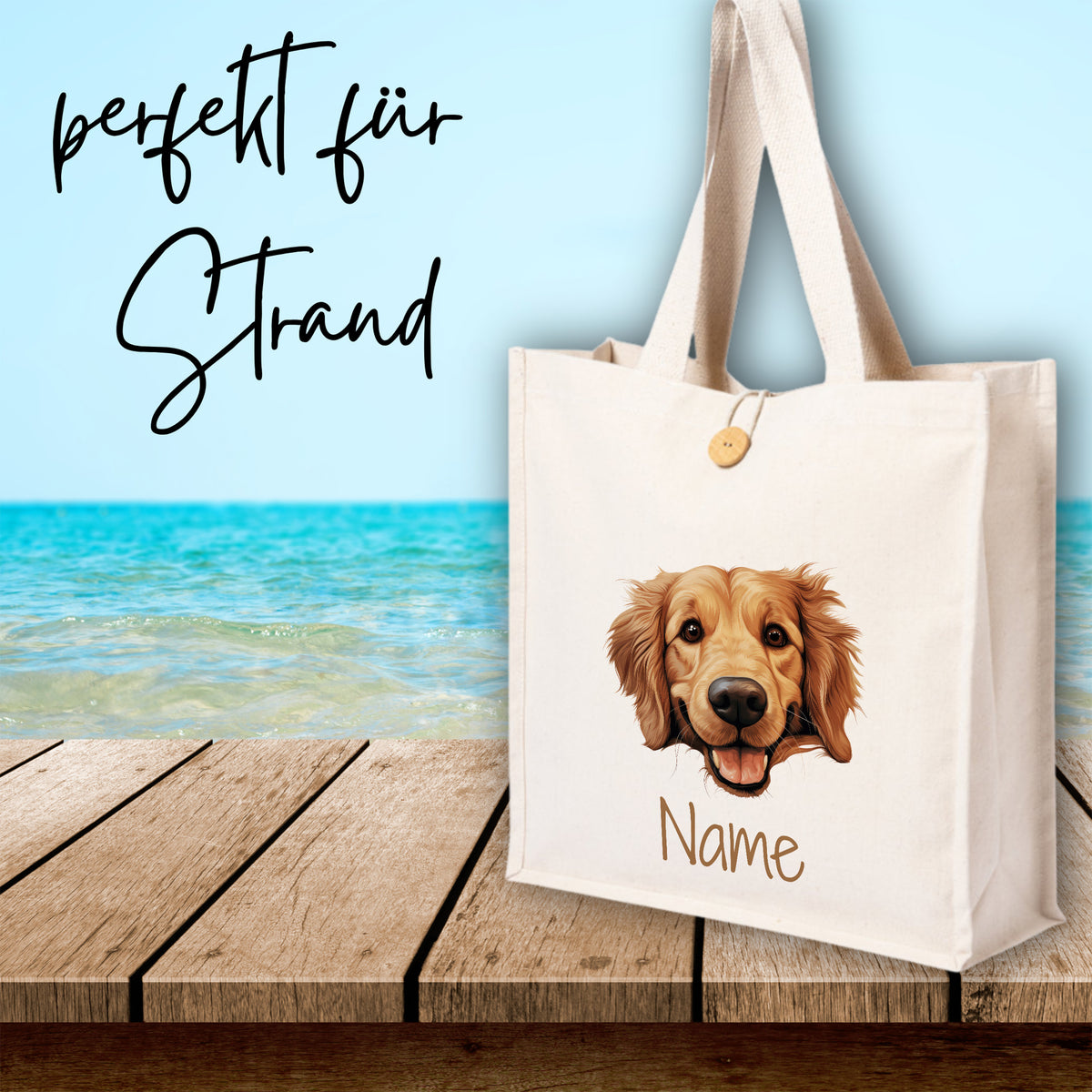 Beige Strandtasche mit Hundemotiv und personalisierbarem Namen.