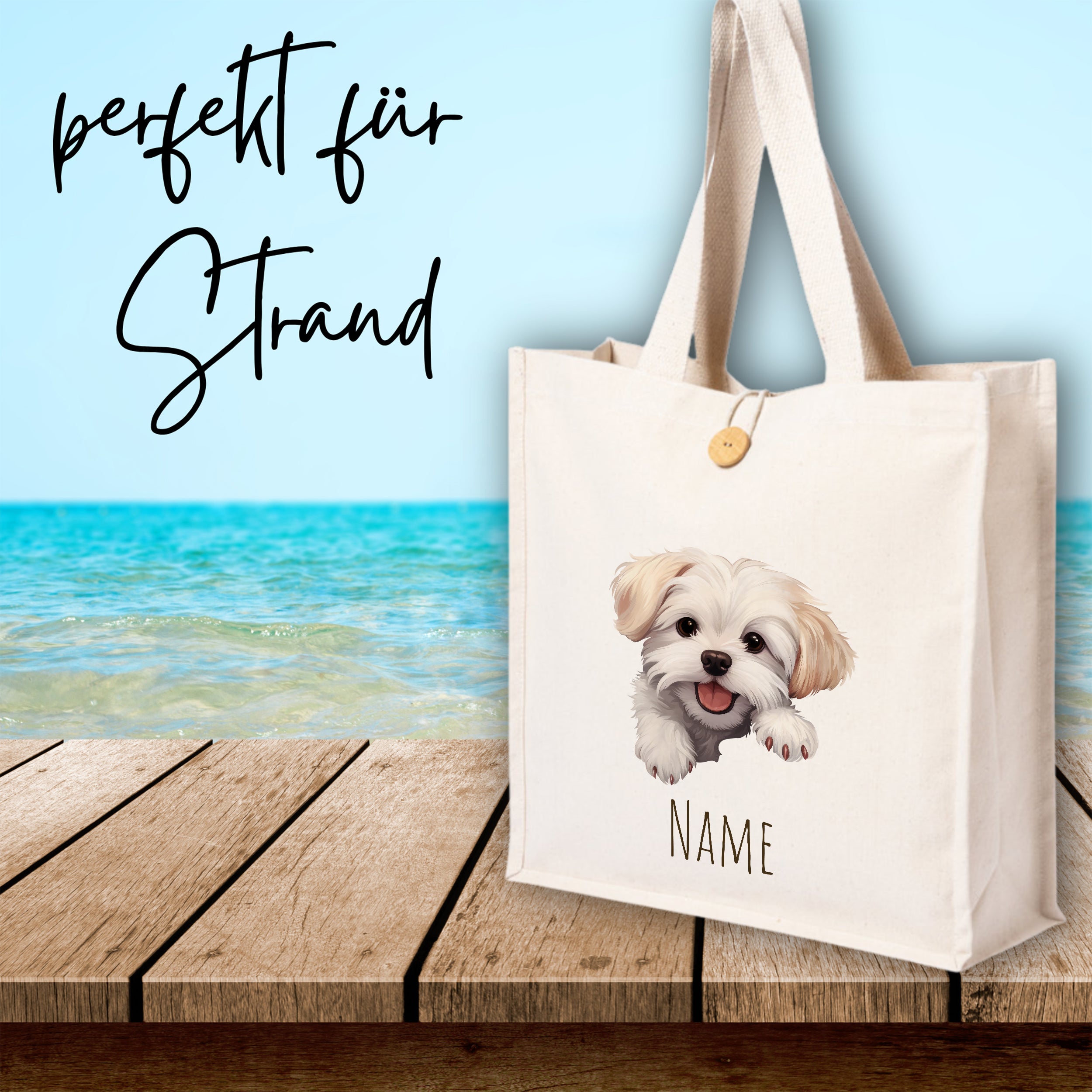 Beige Strandtasche mit Hundemotiv und personalisierbarem Namen.