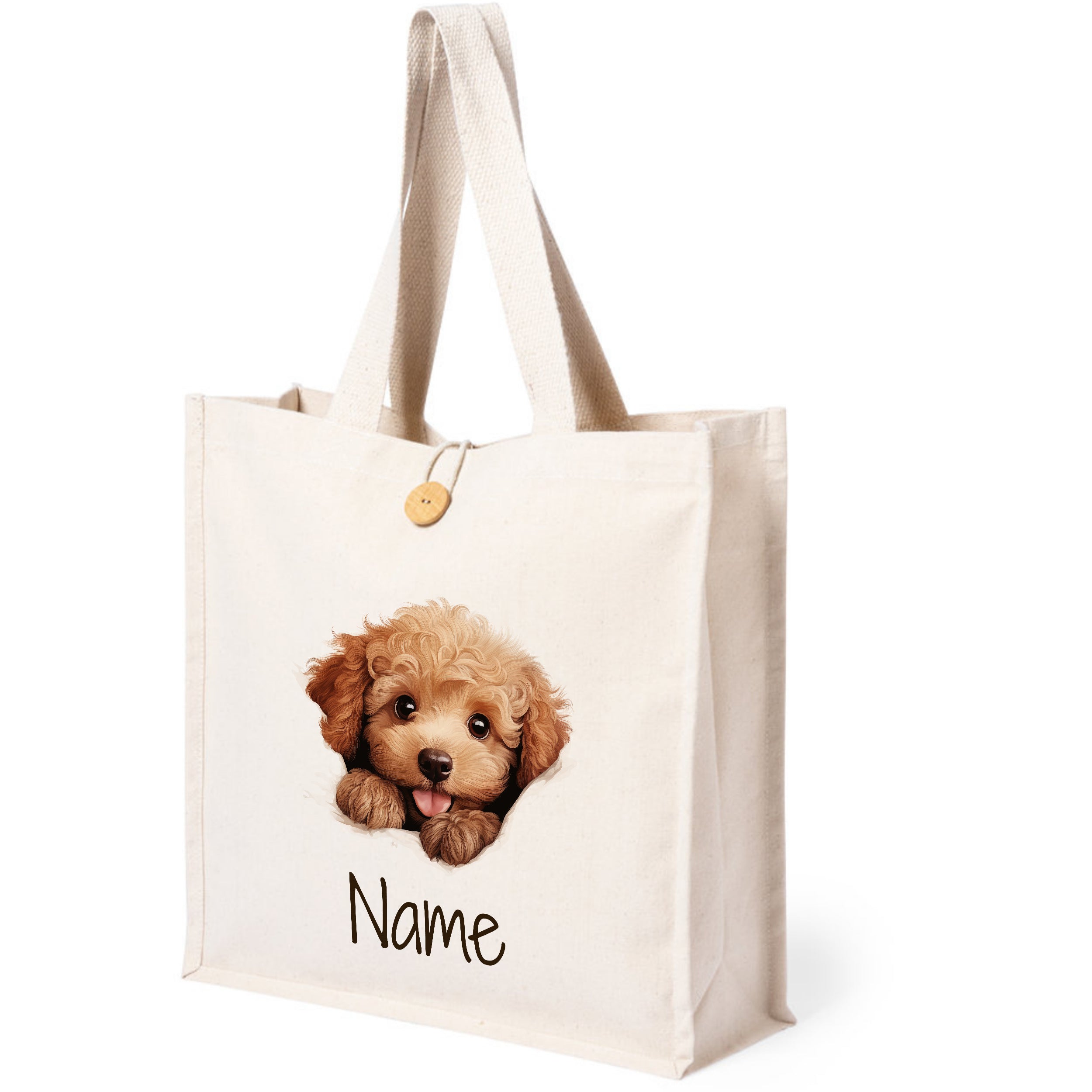 Beige Tasche mit Hundemotiv und personalisierbarem Namen.